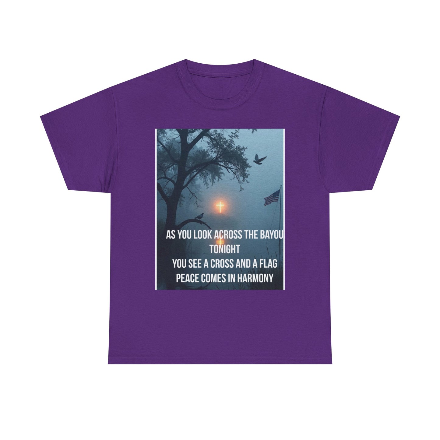 T-Shirt — Bayou Sunset Cross & Flag Graphic Tee ("As You Look Across the Bayou Tonight")