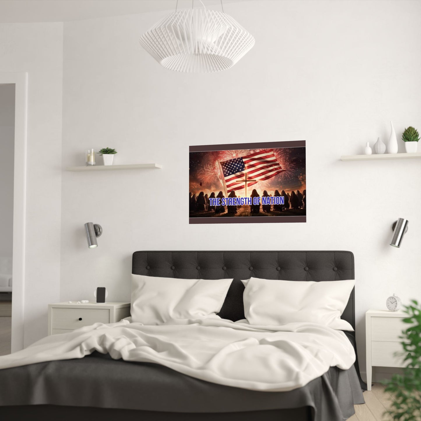 Patriotic Satin Poster — "The Strength of Nation" American Flag Fireworks Wall Art