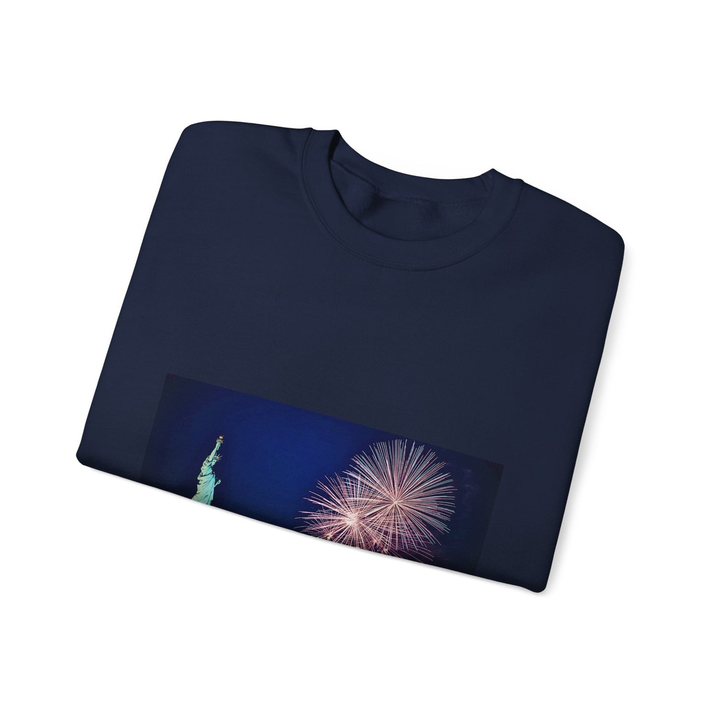 Liberty Night Crewneck Sweatshirt — Statue of Liberty Fireworks "Her Torch Still Lights the Path to Freedom"