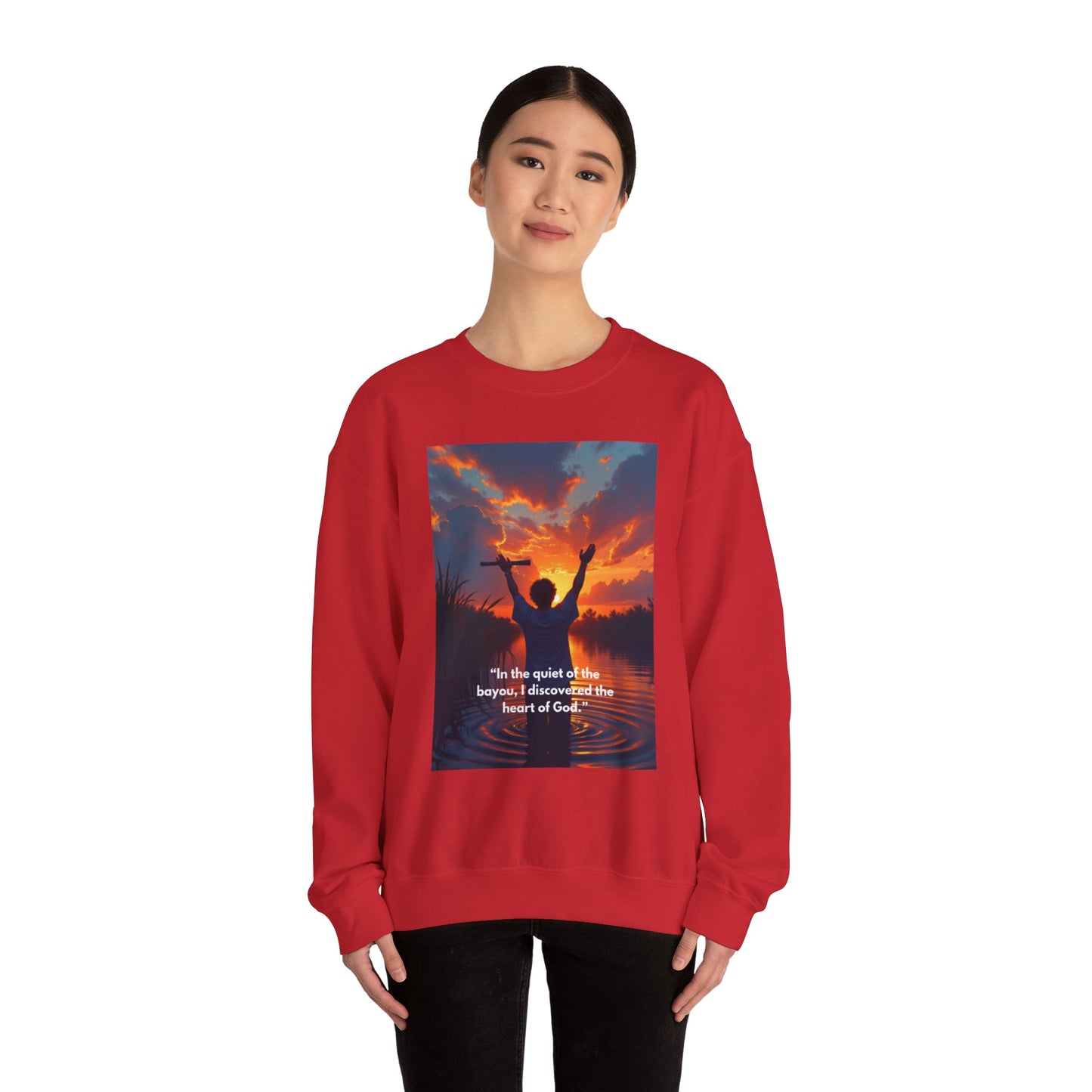 Inspirational Faith Crewneck Sweatshirt — "In the quiet of the bayou, I discovered the heart of God"