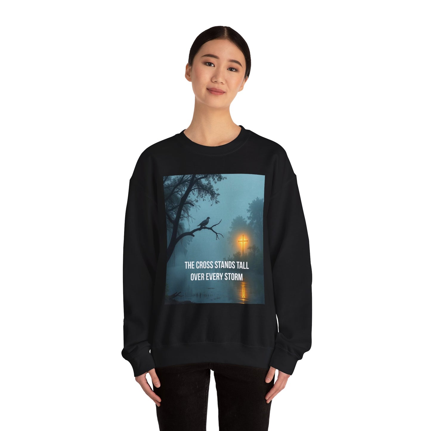 Christian Sweatshirt - "The Cross Stands Tall Over Every Storm" Inspirational Crewneck