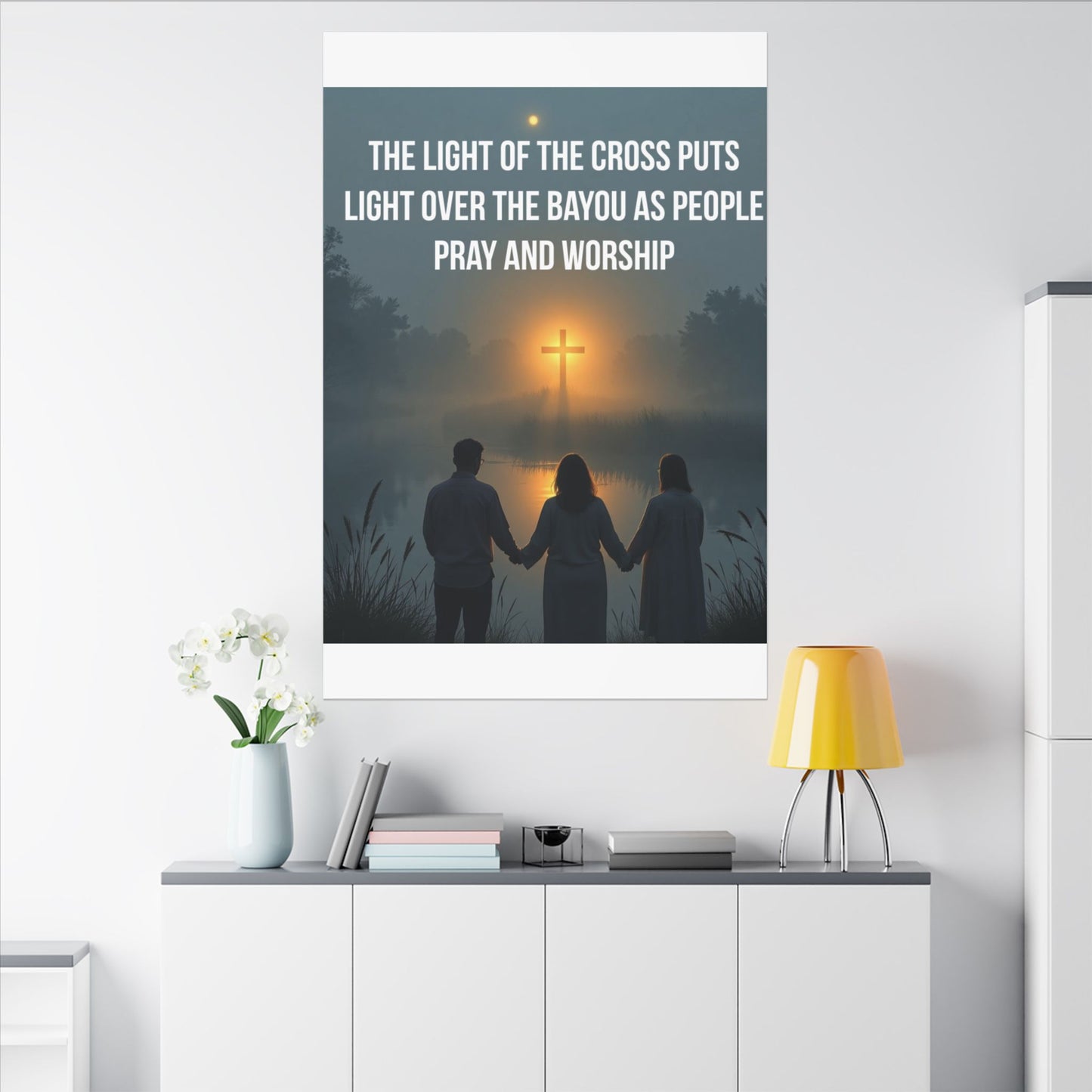 Faith Wall Art Canvas — “The Light of the Cross Puts Light Over the Bayou as People Pray and Worship”