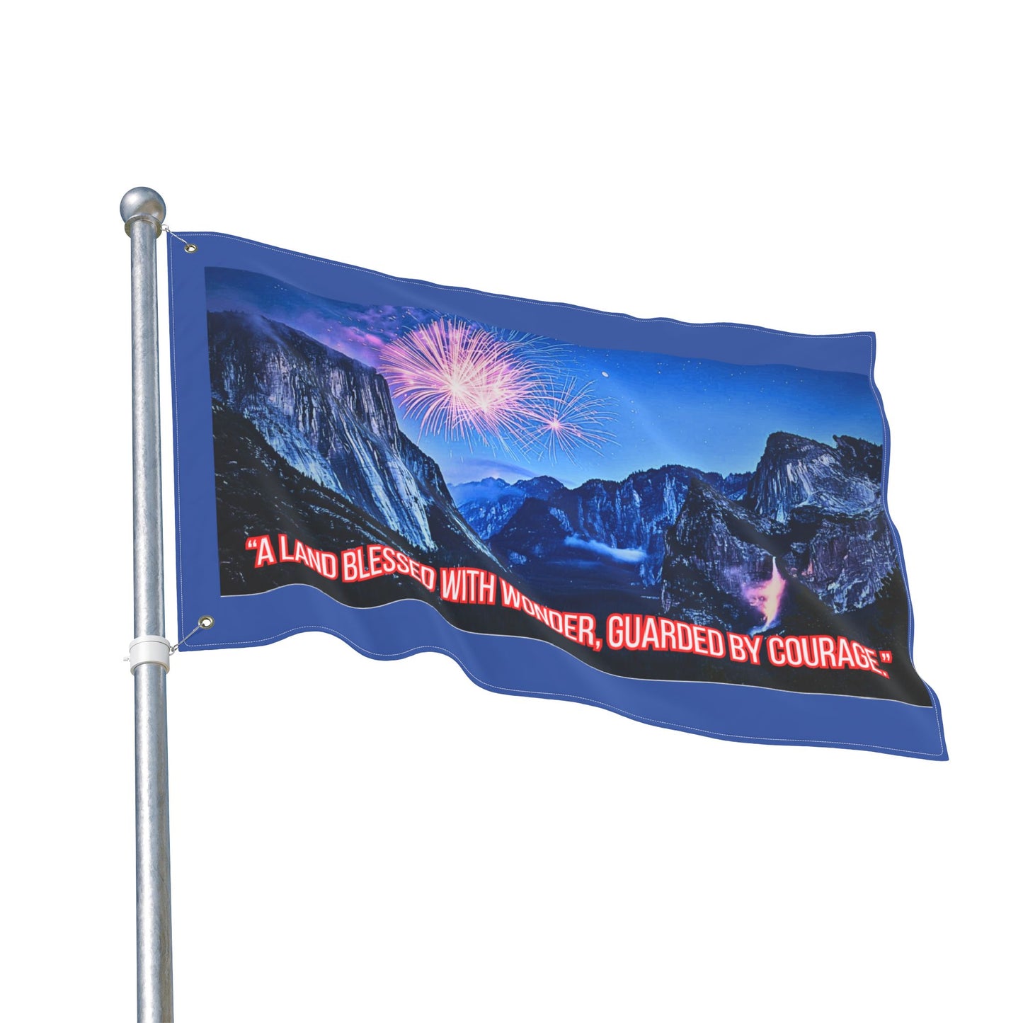 Patriotic Fireworks Yosemite Double-Sided Flag — "A Land Blessed With Wonder, Guarded By Courage"