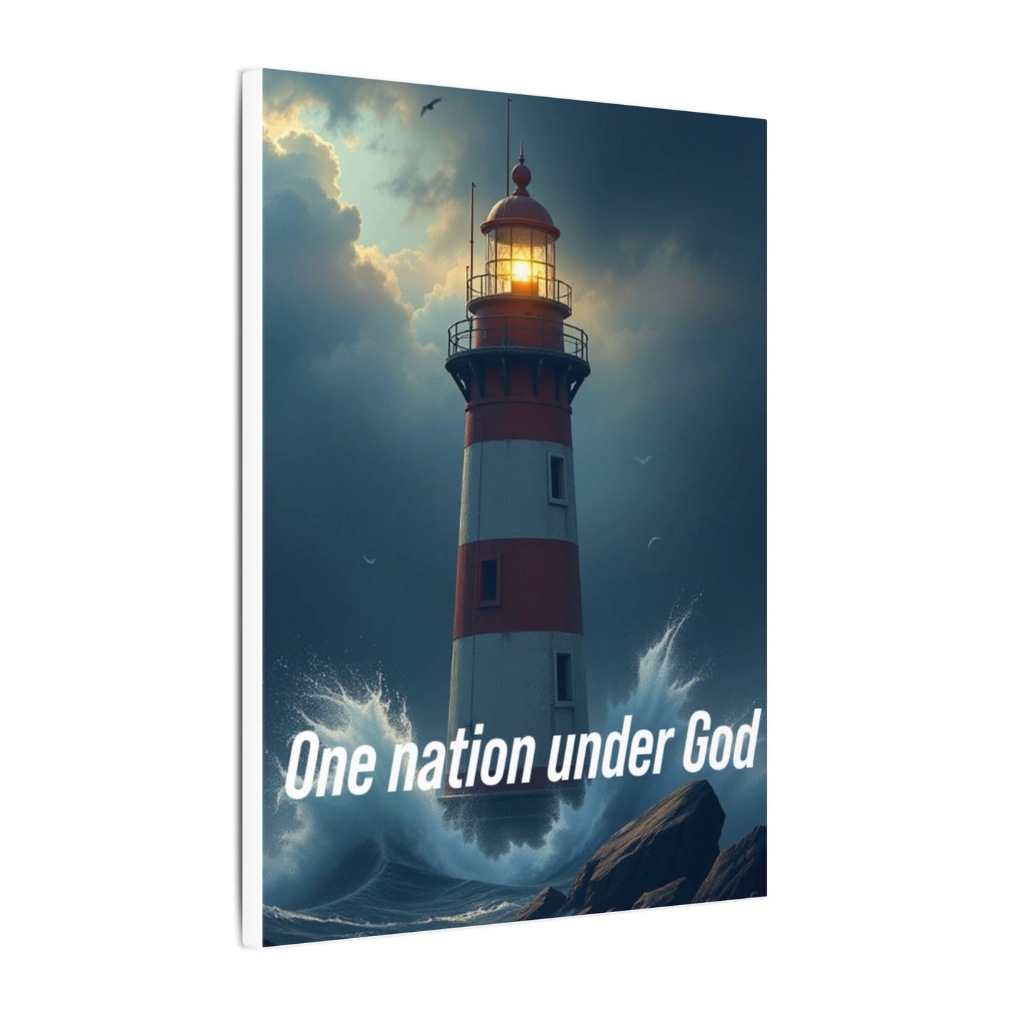Lighthouse Matte Canvas Wall Art - "One Nation Under God" Patriotic Coastal Print