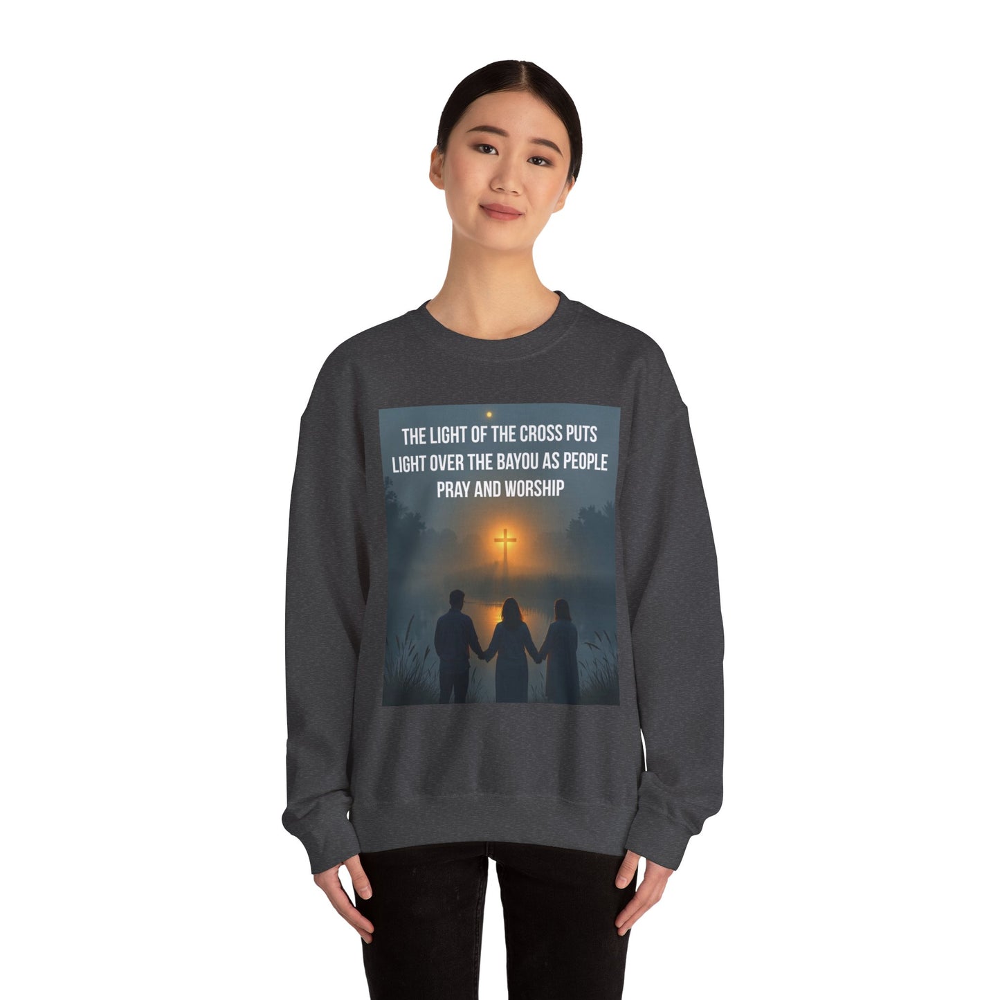 Christian Crewneck Sweatshirt — "The Light of the Cross Puts Light Over the Bayou" Graphic