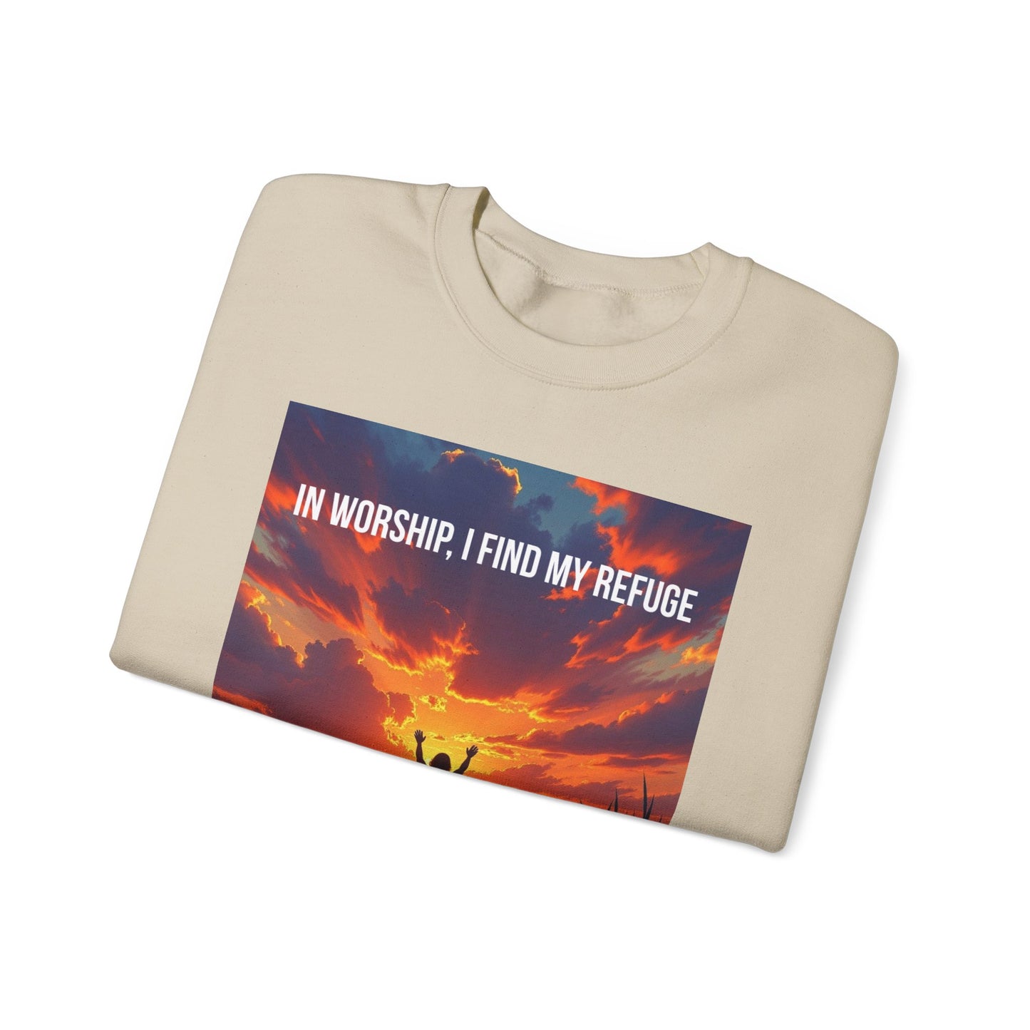 Worship Refuge Crewneck Sweatshirt — "In Worship, I Find My Refuge" Inspirational Faith Sweatshirt