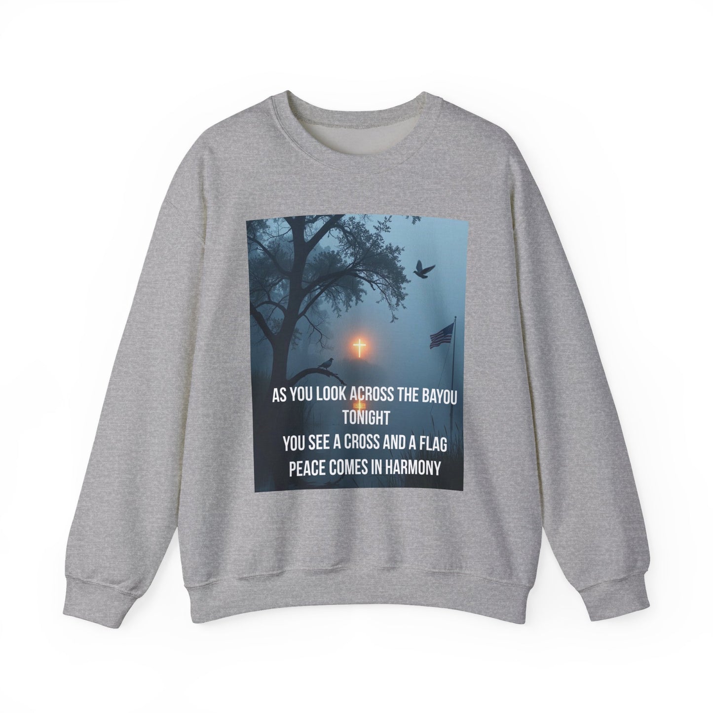 Crewneck Sweatshirt — Bayou Nightscape with Lyrics: "As You Look Across the Bayou Tonight"