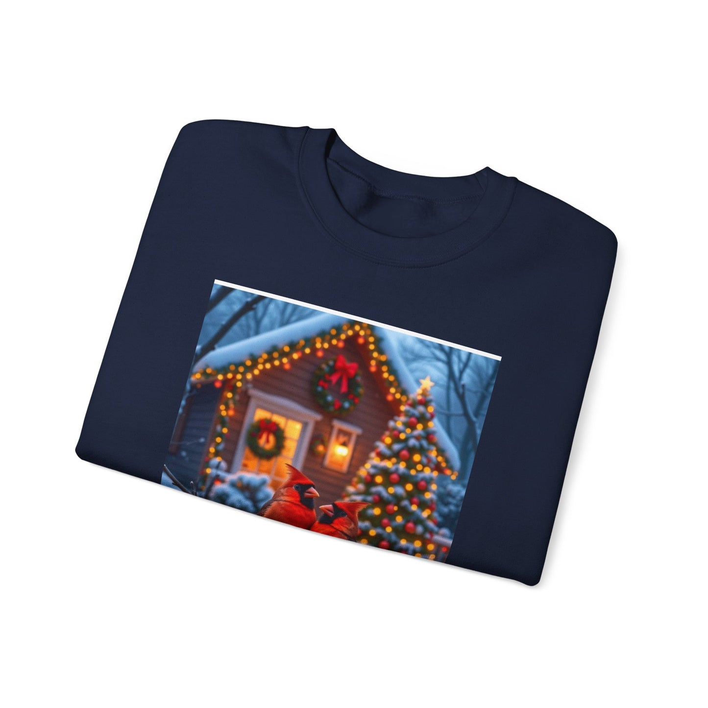 Two red cardinals perched outside a glowing cabin. The message, “Even in winter’s hush, His love sings bright,”