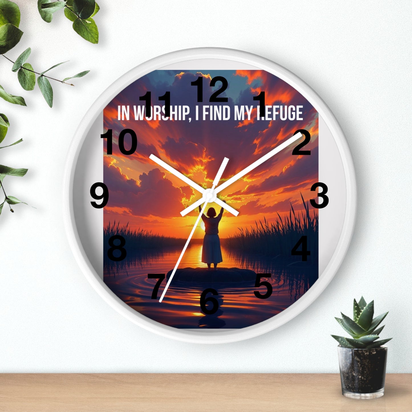 Wall Clock — "In Worship, I Find My Refuge" Sunset Silhouette Christian Clock
