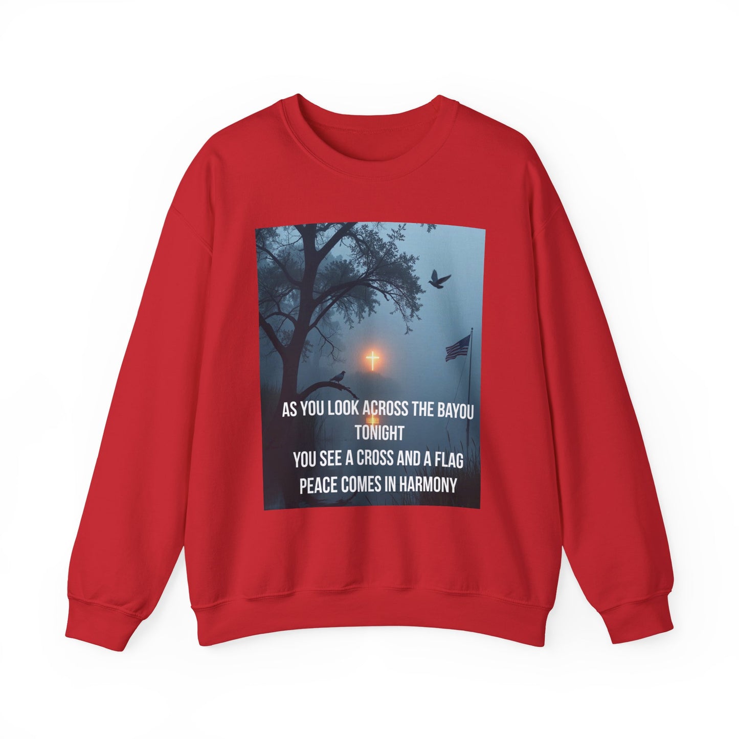 Crewneck Sweatshirt — Bayou Nightscape with Lyrics: "As You Look Across the Bayou Tonight"