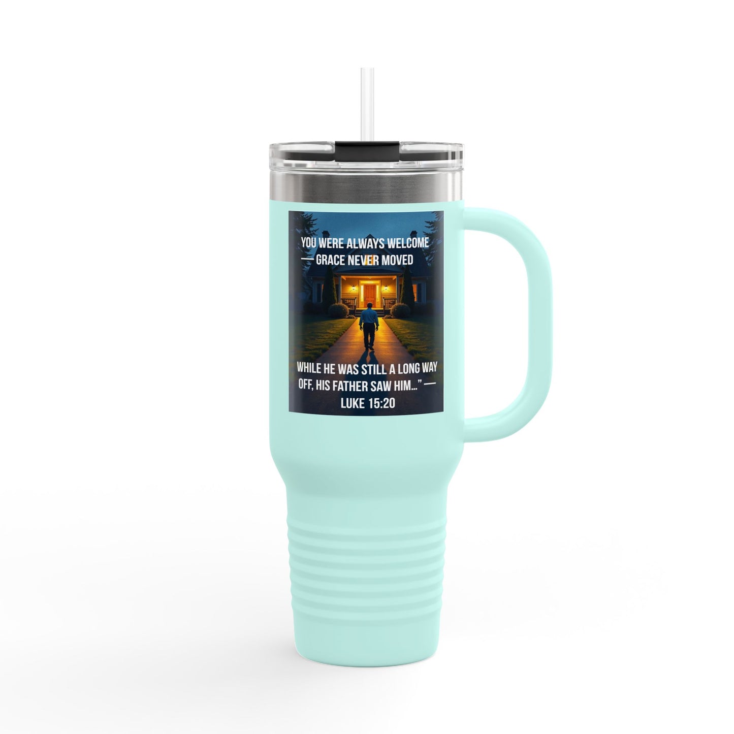 40oz Insulated Travel Mug – Faith Quote Luke 15:20 ‘Grace Never Moved’