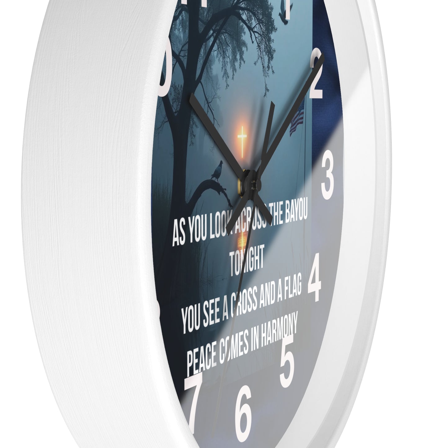 Bayou Cross & Flag Wall Clock — Patriotic Peaceful Scene with Lyrics