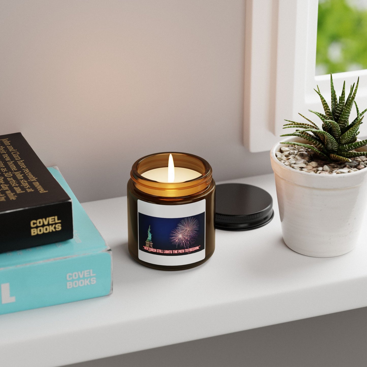 Liberty Night Soy Candle — Amber Jar, Statue of Liberty & Fireworks Design