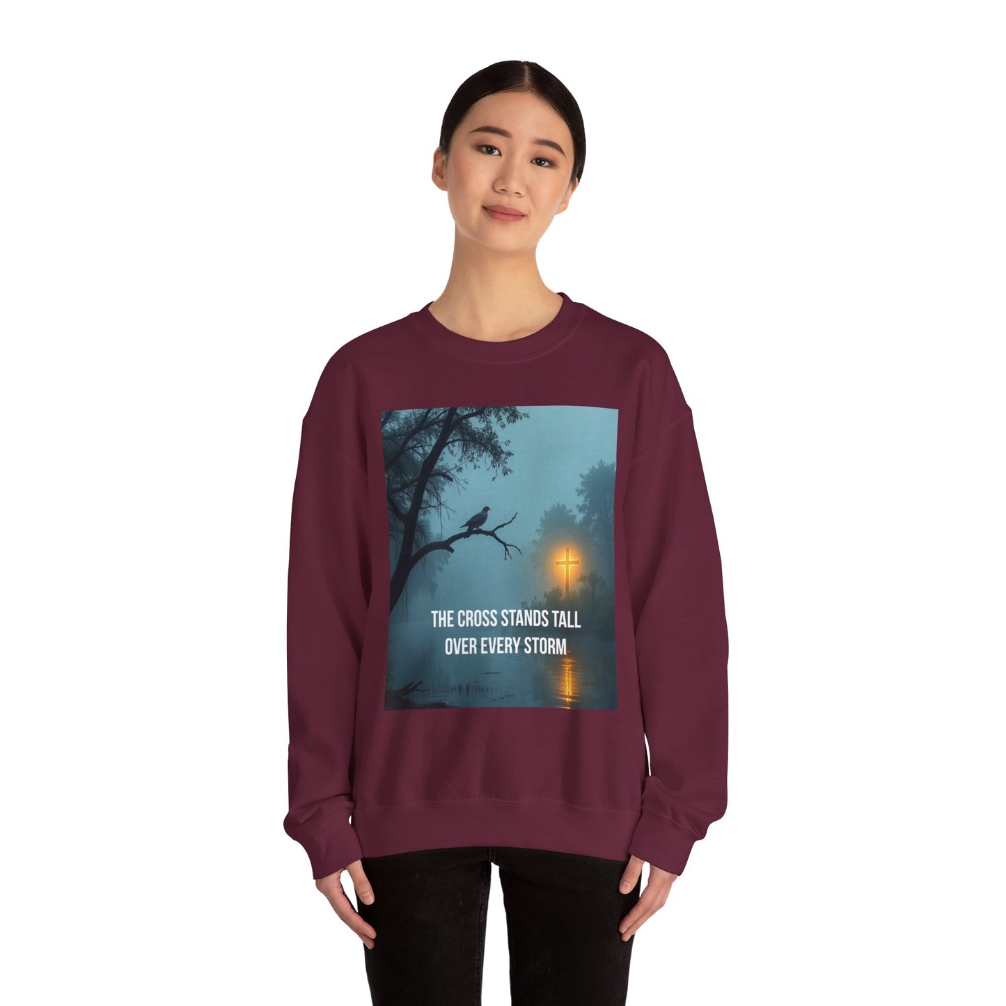 Christian Sweatshirt - "The Cross Stands Tall Over Every Storm" Inspirational Crewneck