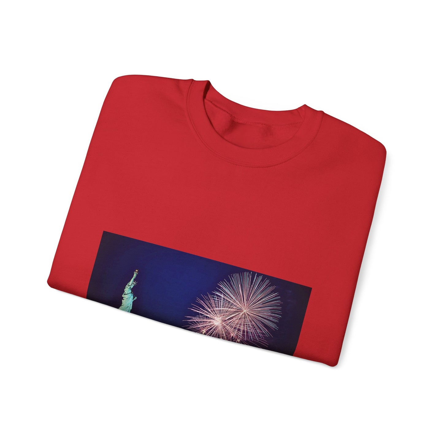 Liberty Night Crewneck Sweatshirt — Statue of Liberty Fireworks "Her Torch Still Lights the Path to Freedom"