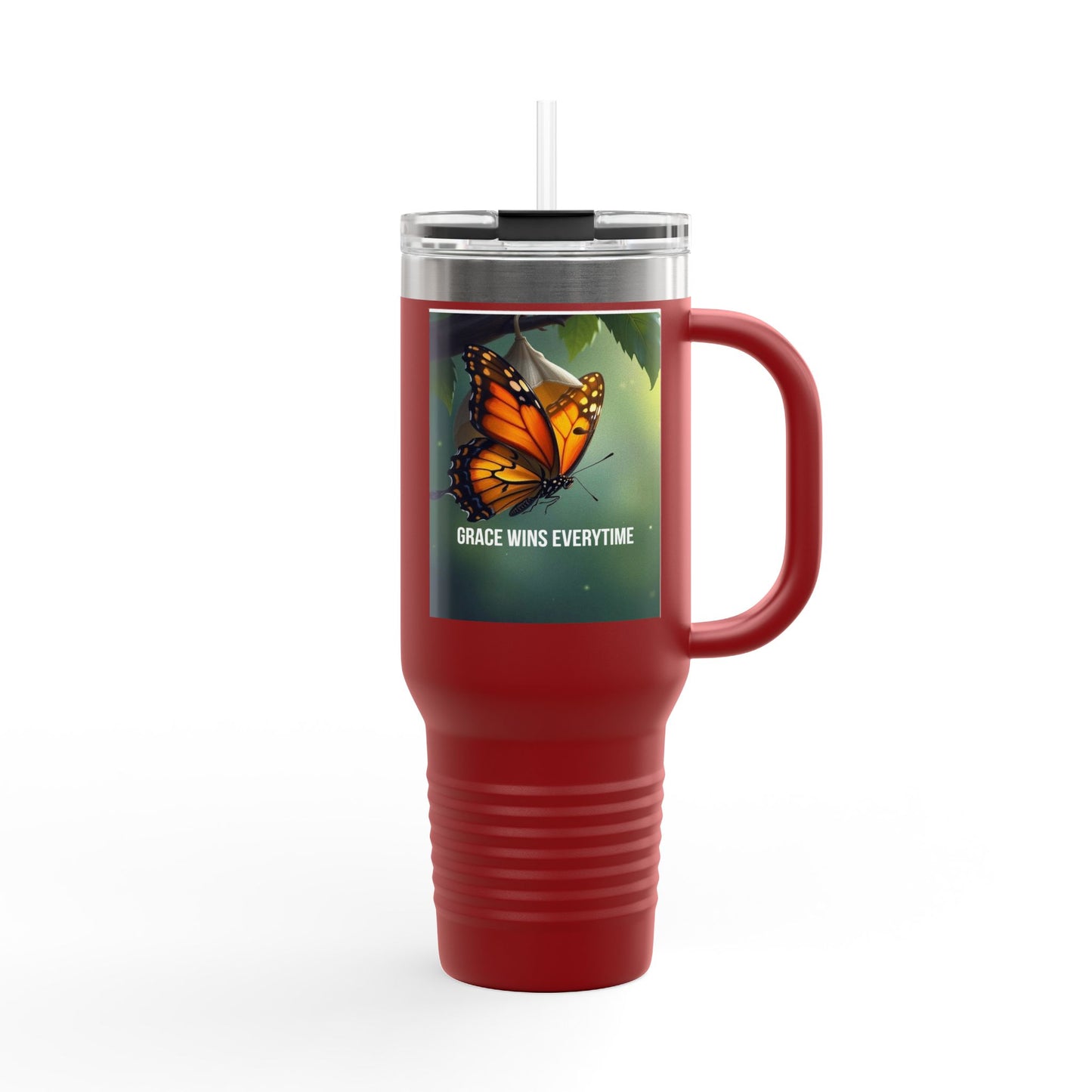 40oz Insulated Travel Mug — 'Grace Wins Everytime' Butterfly Design
