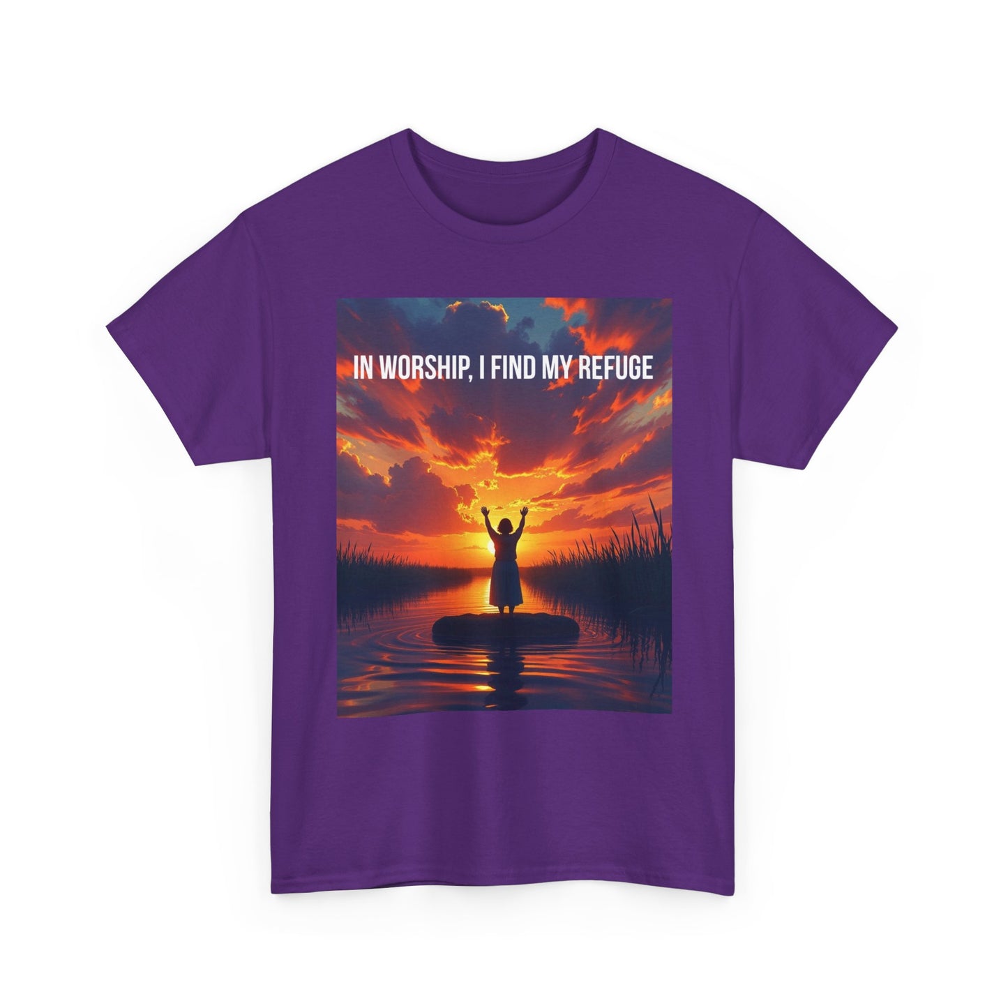 Worship Refuge T-Shirt — "In Worship, I Find My Refuge" Sunset Silhouette Christian Tee