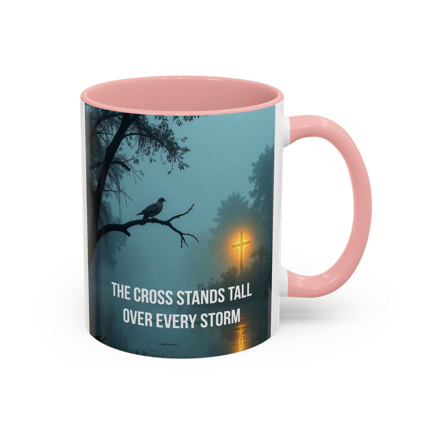 Religious Coffee Mug — "The Cross Stands Tall Over Every Storm" Accent Mug