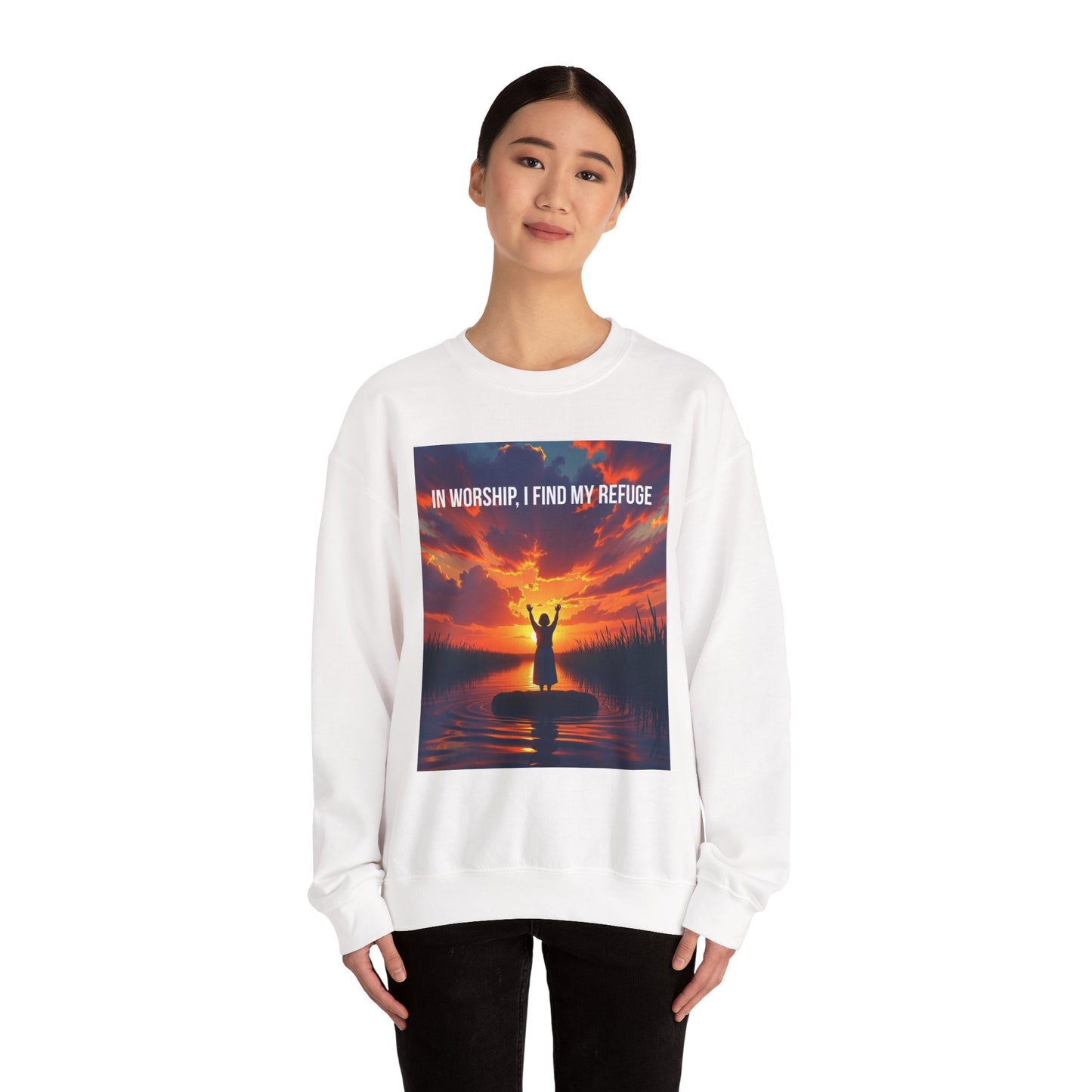 Worship Refuge Crewneck Sweatshirt — "In Worship, I Find My Refuge" Inspirational Faith Sweatshirt