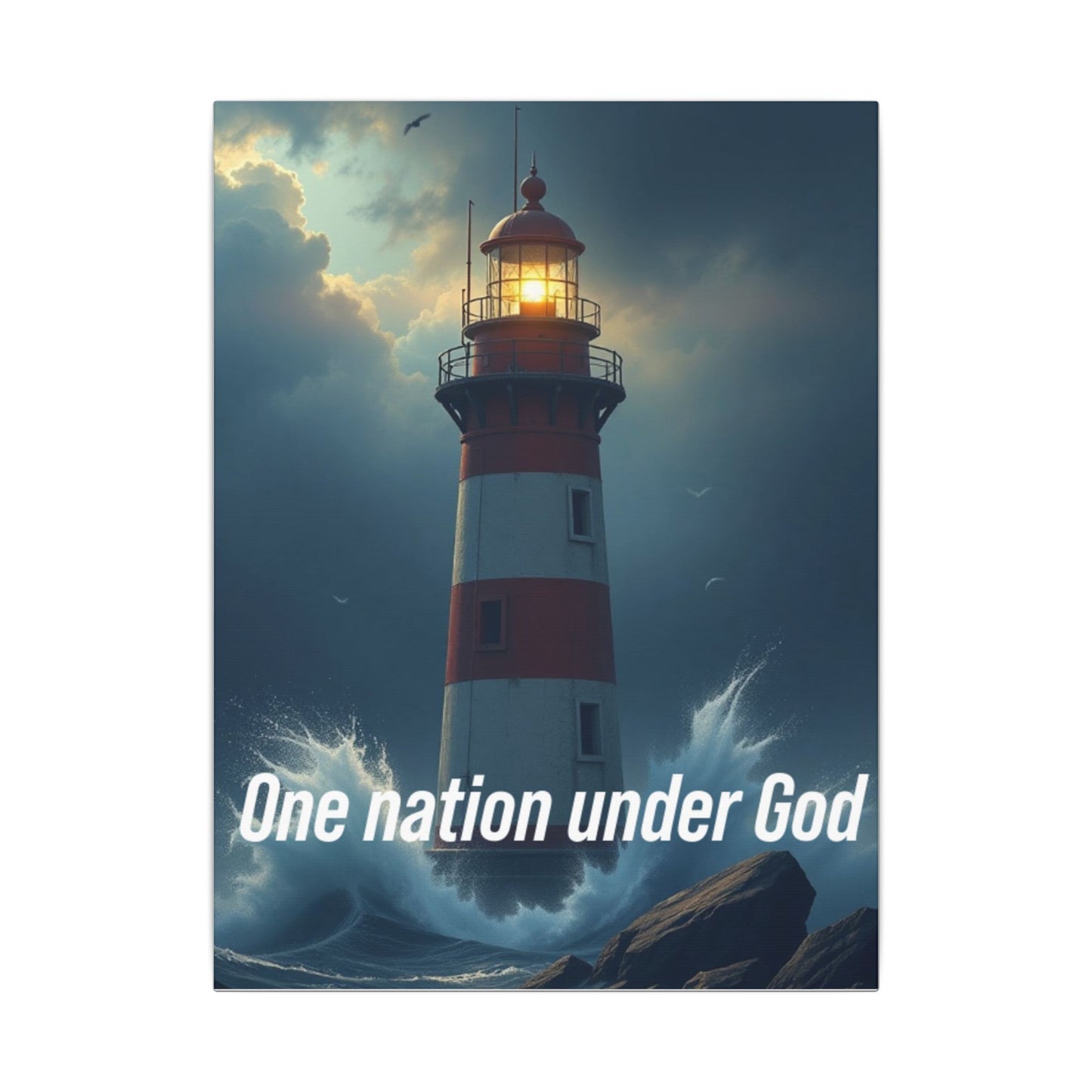 Lighthouse Matte Canvas Wall Art - "One Nation Under God" Patriotic Coastal Print