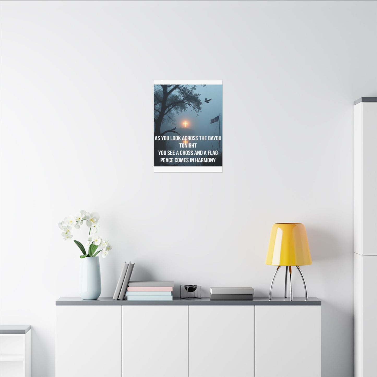 Bayou Cross & Flag Matte Canvas Wall Art – Inspirational Patriotic Christian Quote