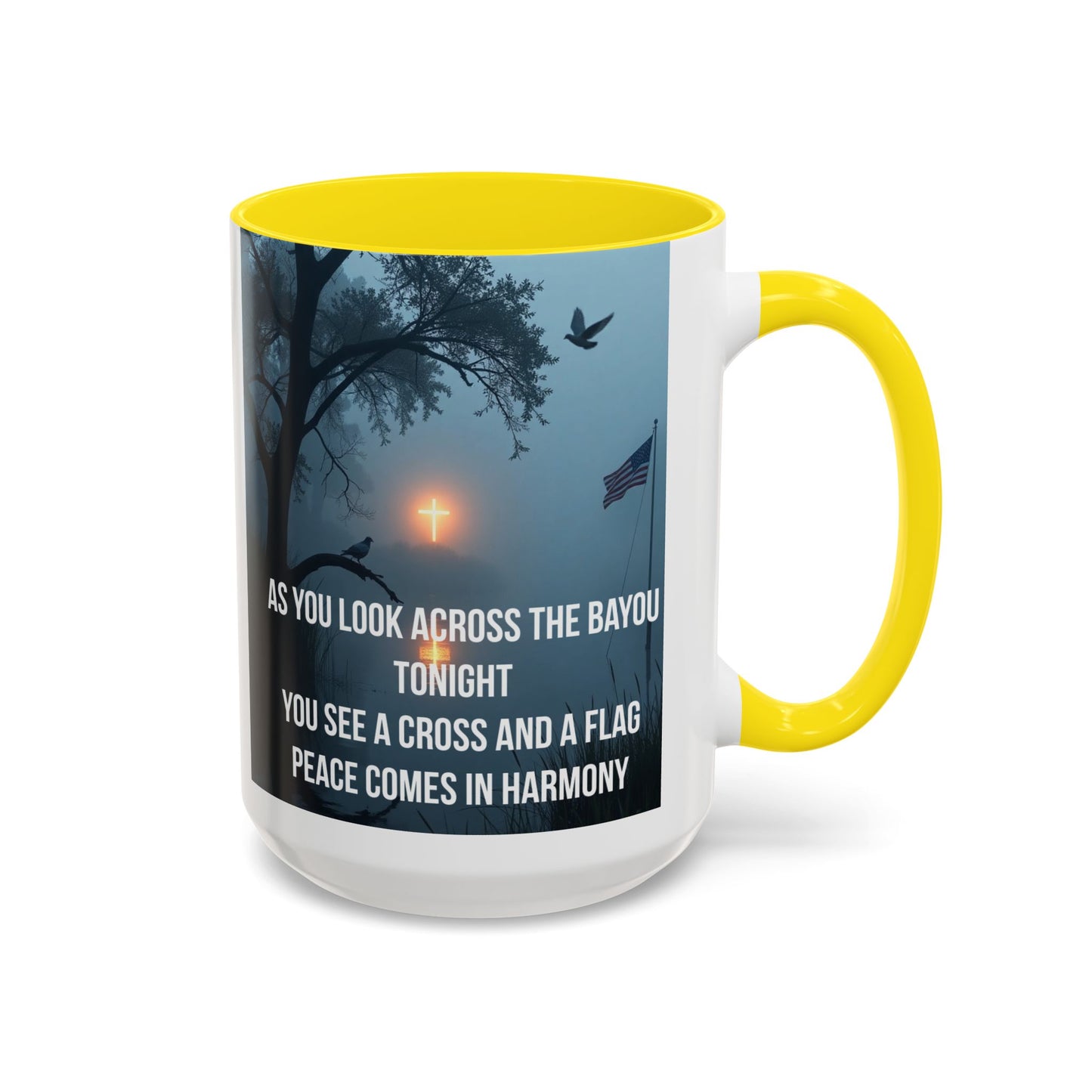 Bayou Cross & Flag Coffee Mug — Inspirational Southern Scene with Peaceful Verse (11/15 oz)