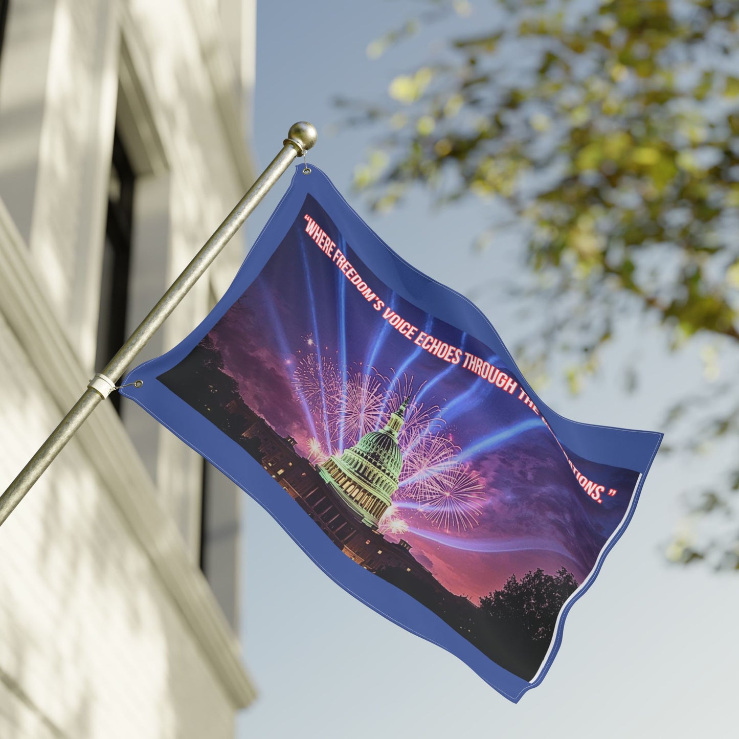 Double-Sided Patriotic Flag — "Where Freedom's Voice Echoes Through the Generations" Capitol Fireworks Garden Flag