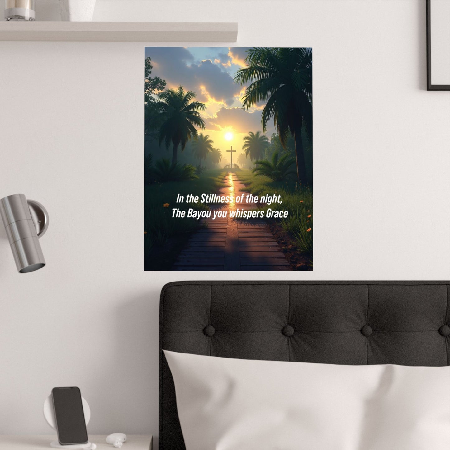 Christian Bayou Sunset Satin Poster — "In the Stillness of the Night, The Bayou You Whispers Grace"