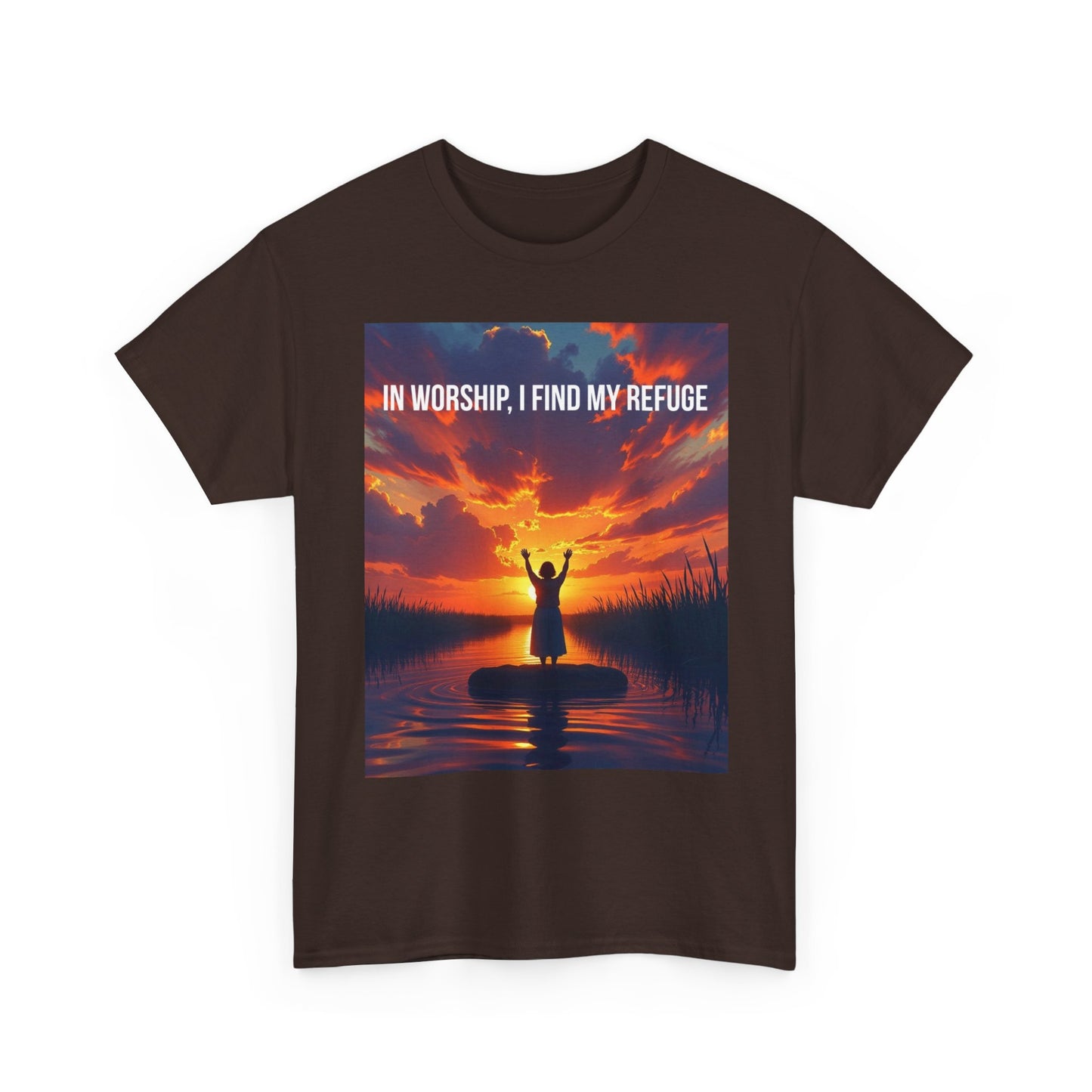 Worship Refuge T-Shirt — "In Worship, I Find My Refuge" Sunset Silhouette Christian Tee