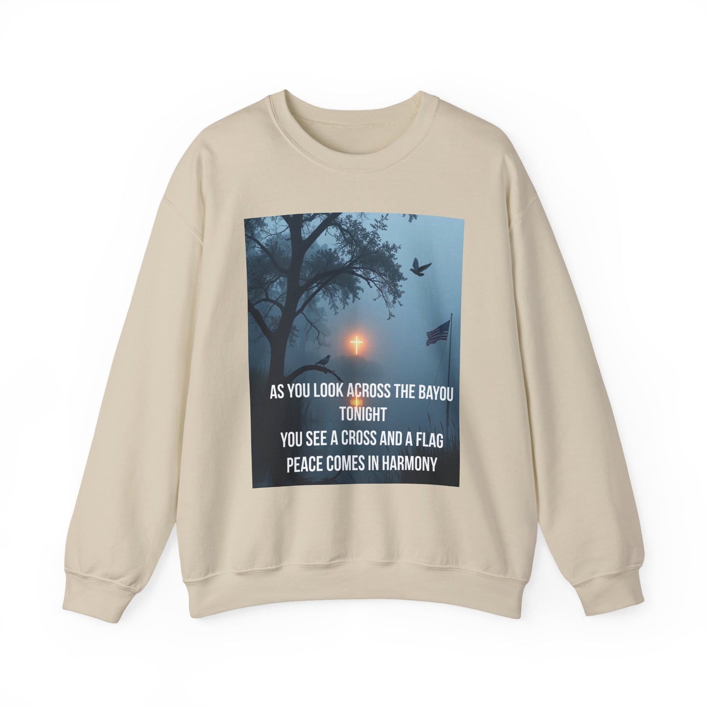 Crewneck Sweatshirt — Bayou Nightscape with Lyrics: "As You Look Across the Bayou Tonight"