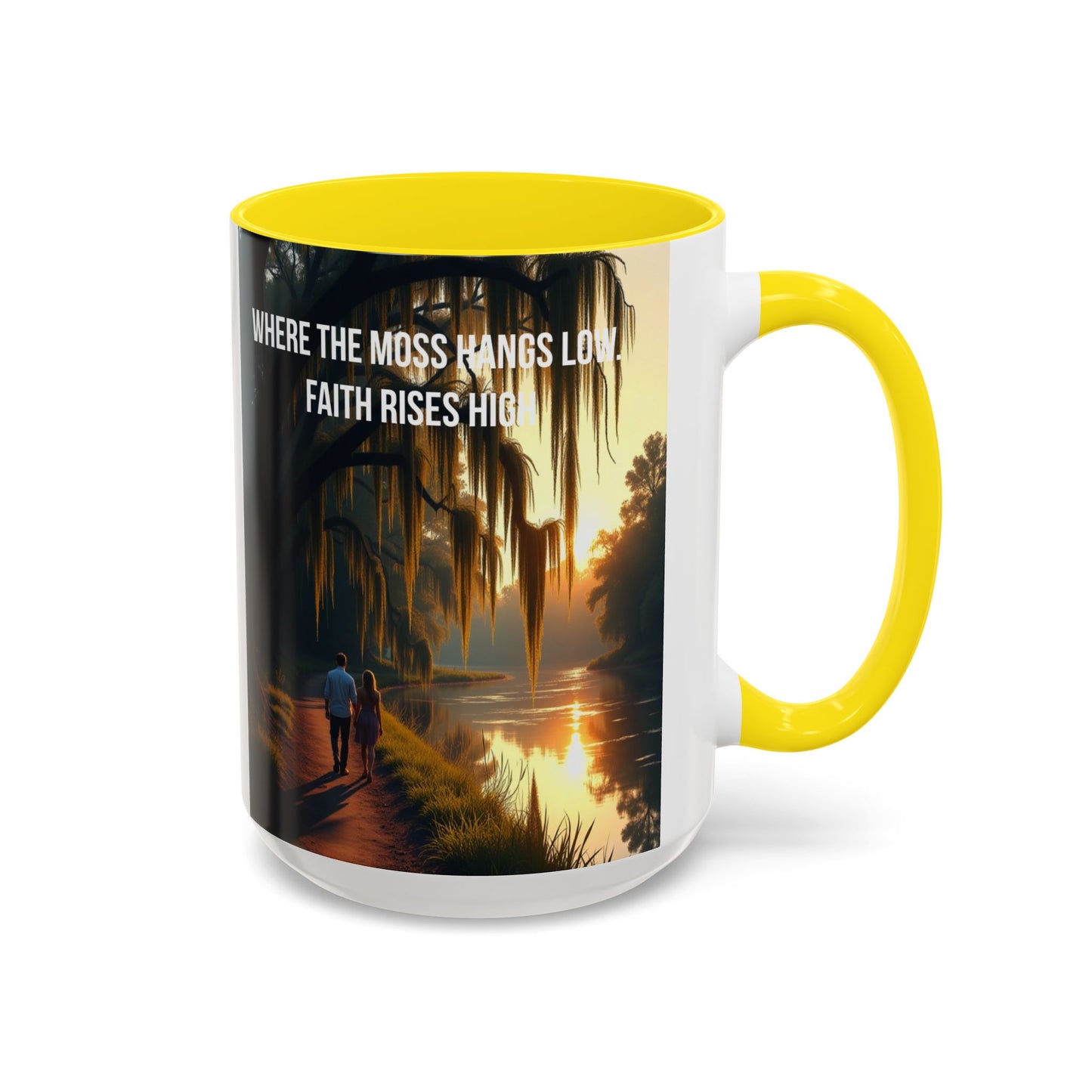 Accent Coffee Mug — "Where the Moss Hangs Low, Faith Rises High" Scenic Faith Inspirational Mug