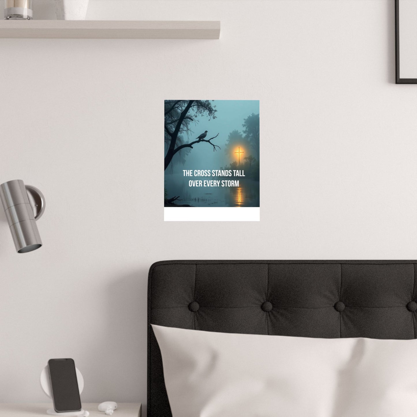 Satin Poster — "The Cross Stands Tall Over Every Storm" Inspirational Christian Wall Art