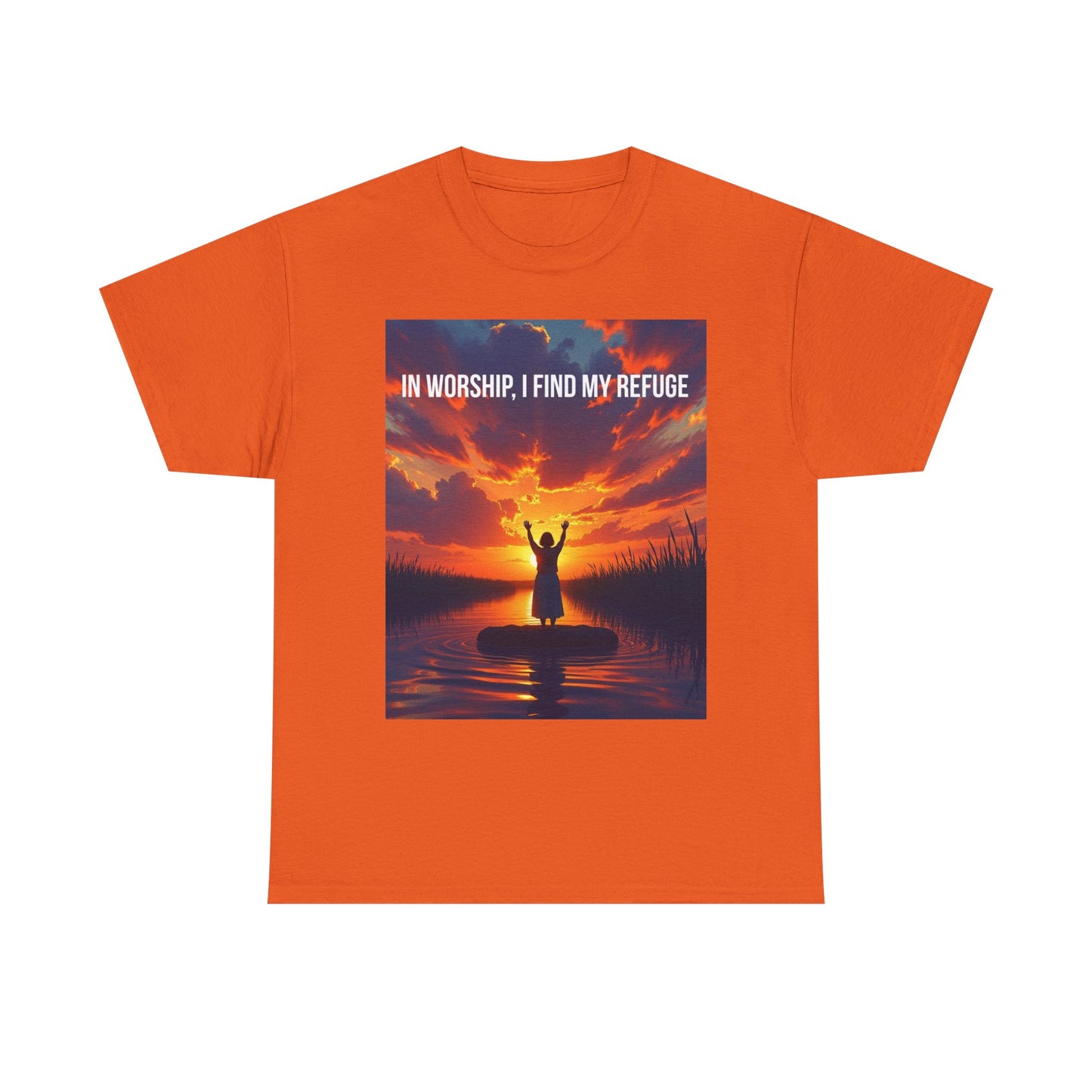 Worship Refuge T-Shirt — "In Worship, I Find My Refuge" Sunset Silhouette Christian Tee