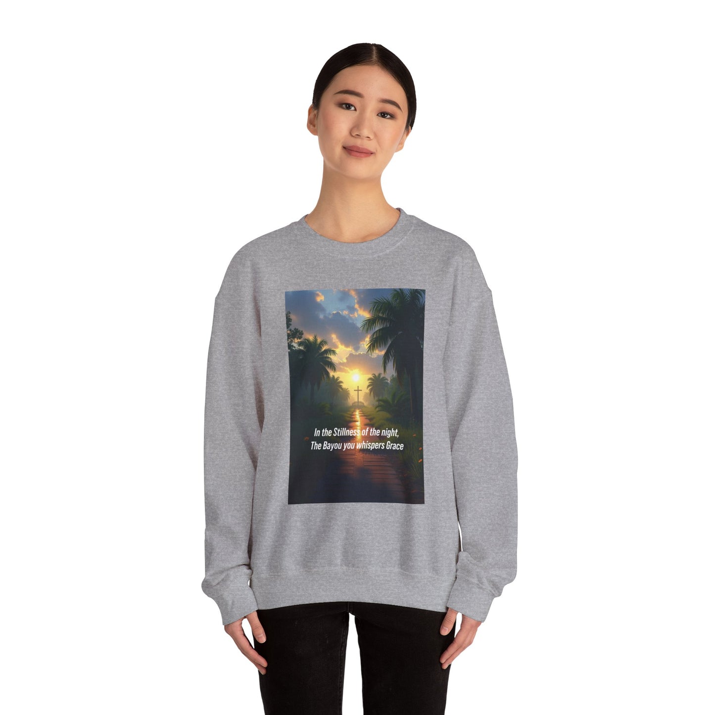 Sunset Palm Cross Sweatshirt — 'In the stillness of the night, The Bayou you whisper Grace'