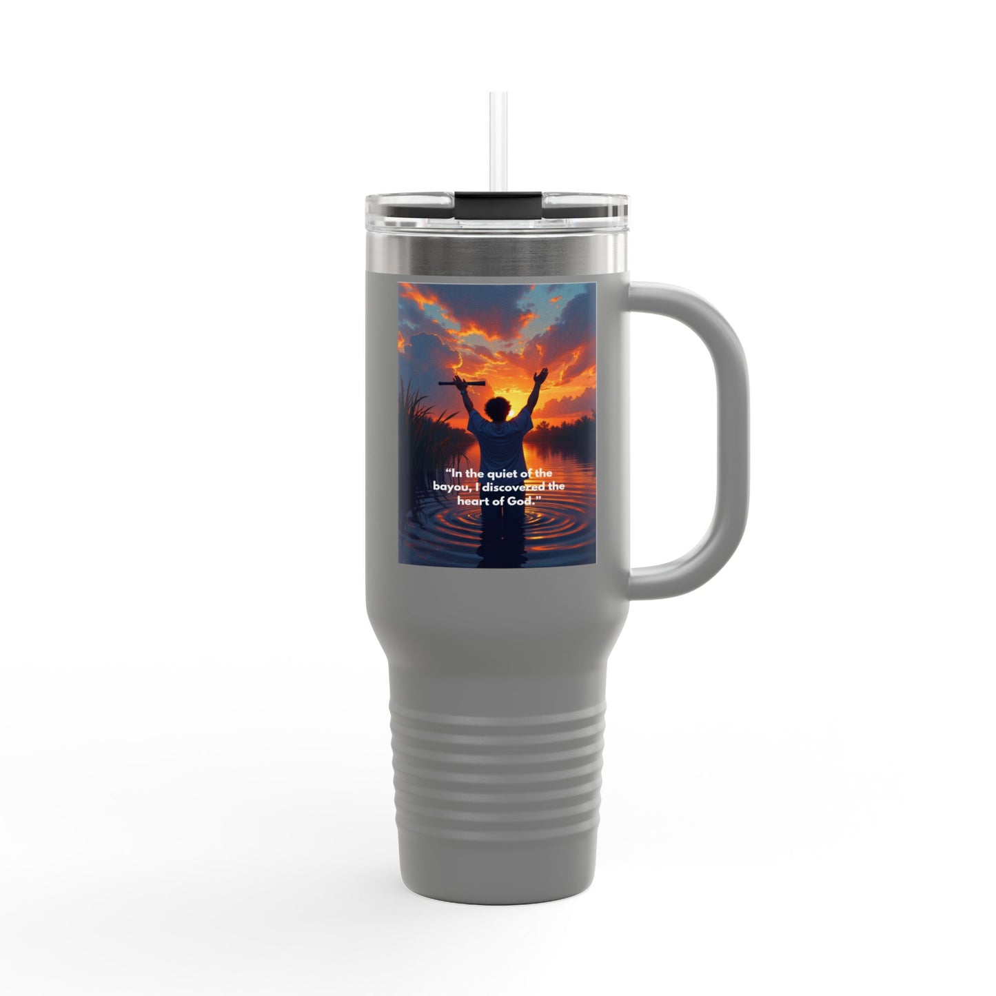 40oz Insulated Travel Mug — Christian Sunrise Design with Scripture Quote