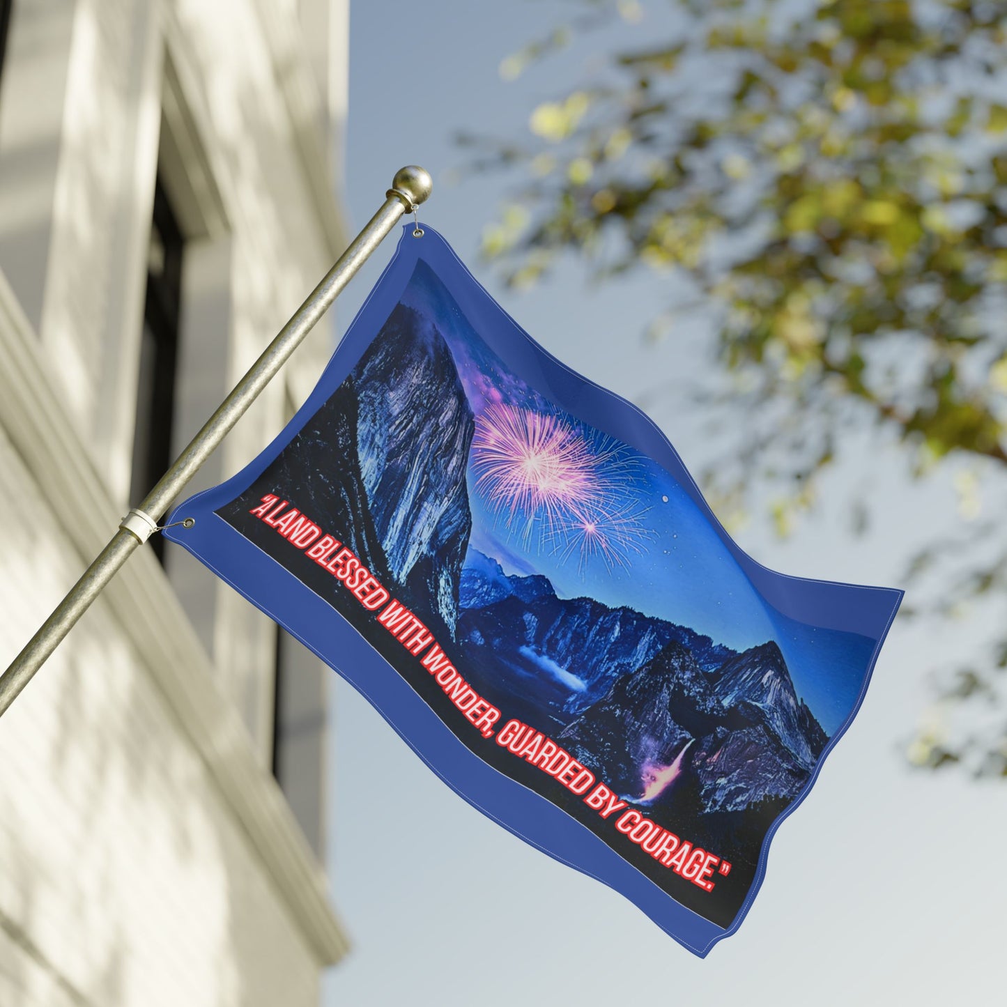 Patriotic Fireworks Yosemite Double-Sided Flag — "A Land Blessed With Wonder, Guarded By Courage"