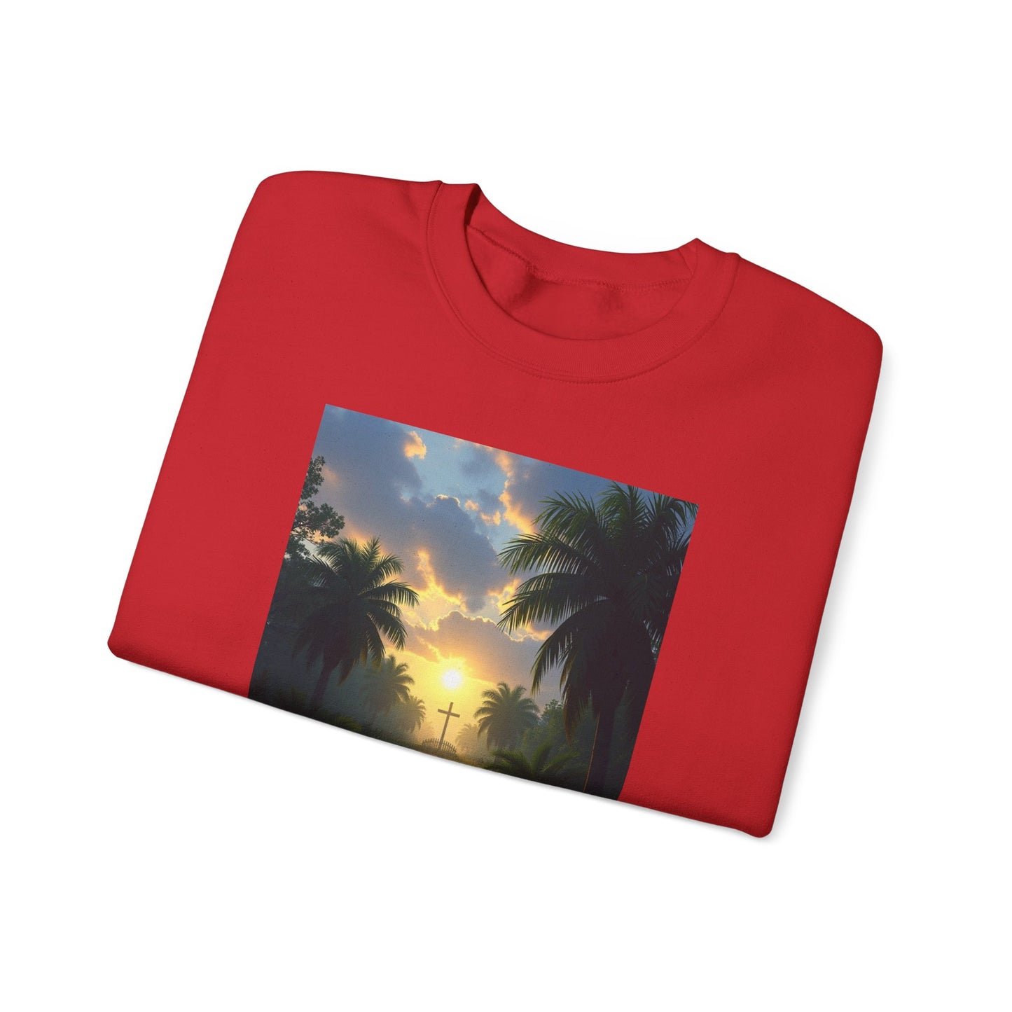 Sunset Palm Cross Sweatshirt — 'In the stillness of the night, The Bayou you whisper Grace'