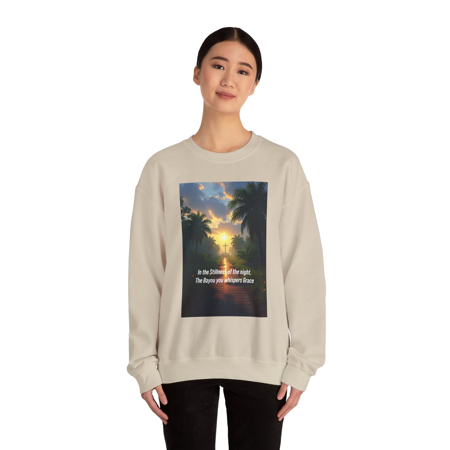 Sunset Palm Cross Sweatshirt — 'In the stillness of the night, The Bayou you whisper Grace'