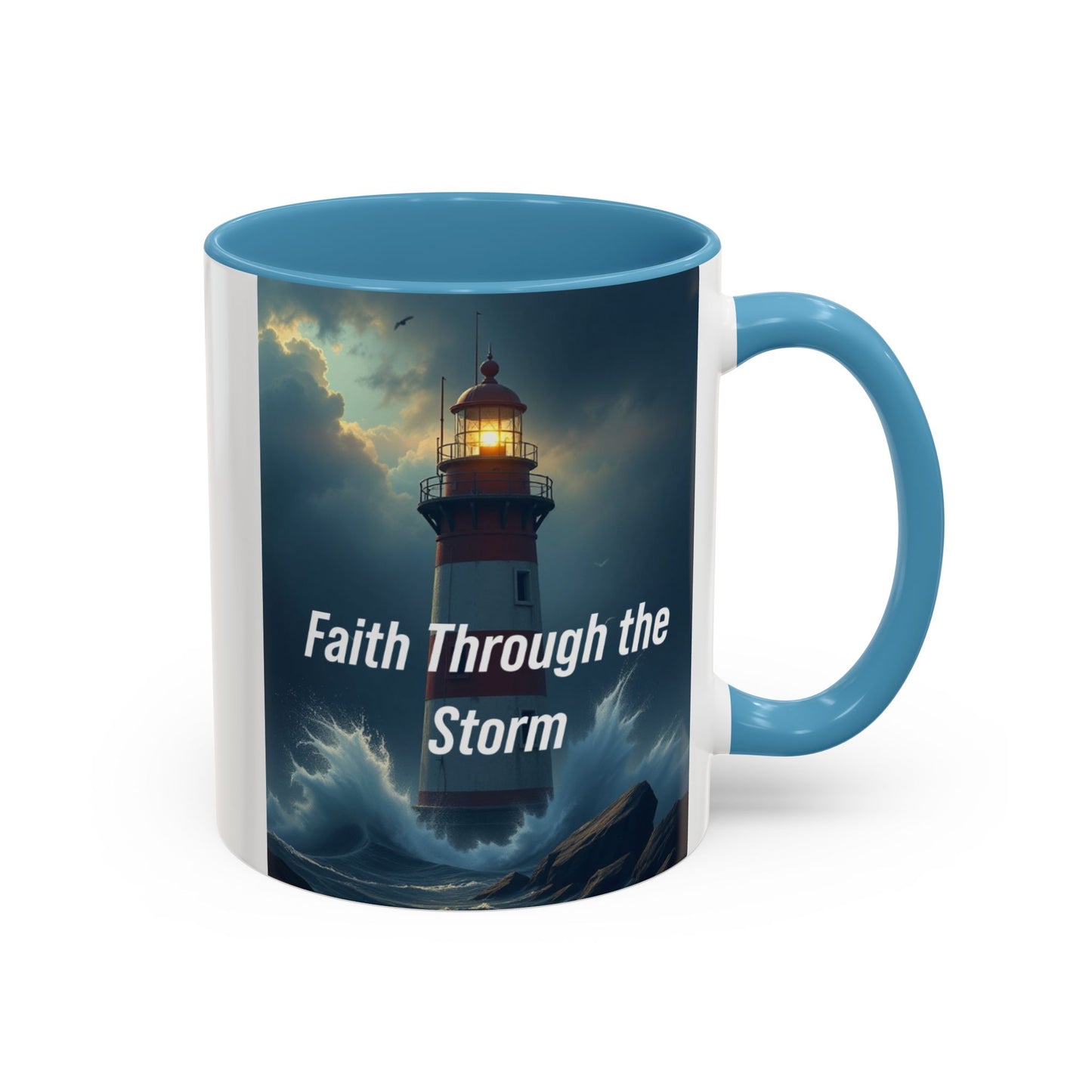 Faith Through the Storm Lighthouse Coffee Mug - Inspirational Ceramic Accent Mug