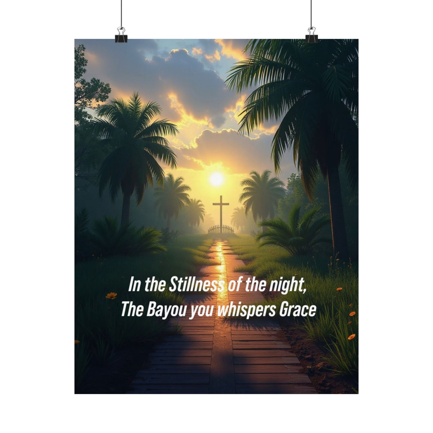 Christian Bayou Sunset Satin Poster — "In the Stillness of the Night, The Bayou You Whispers Grace"