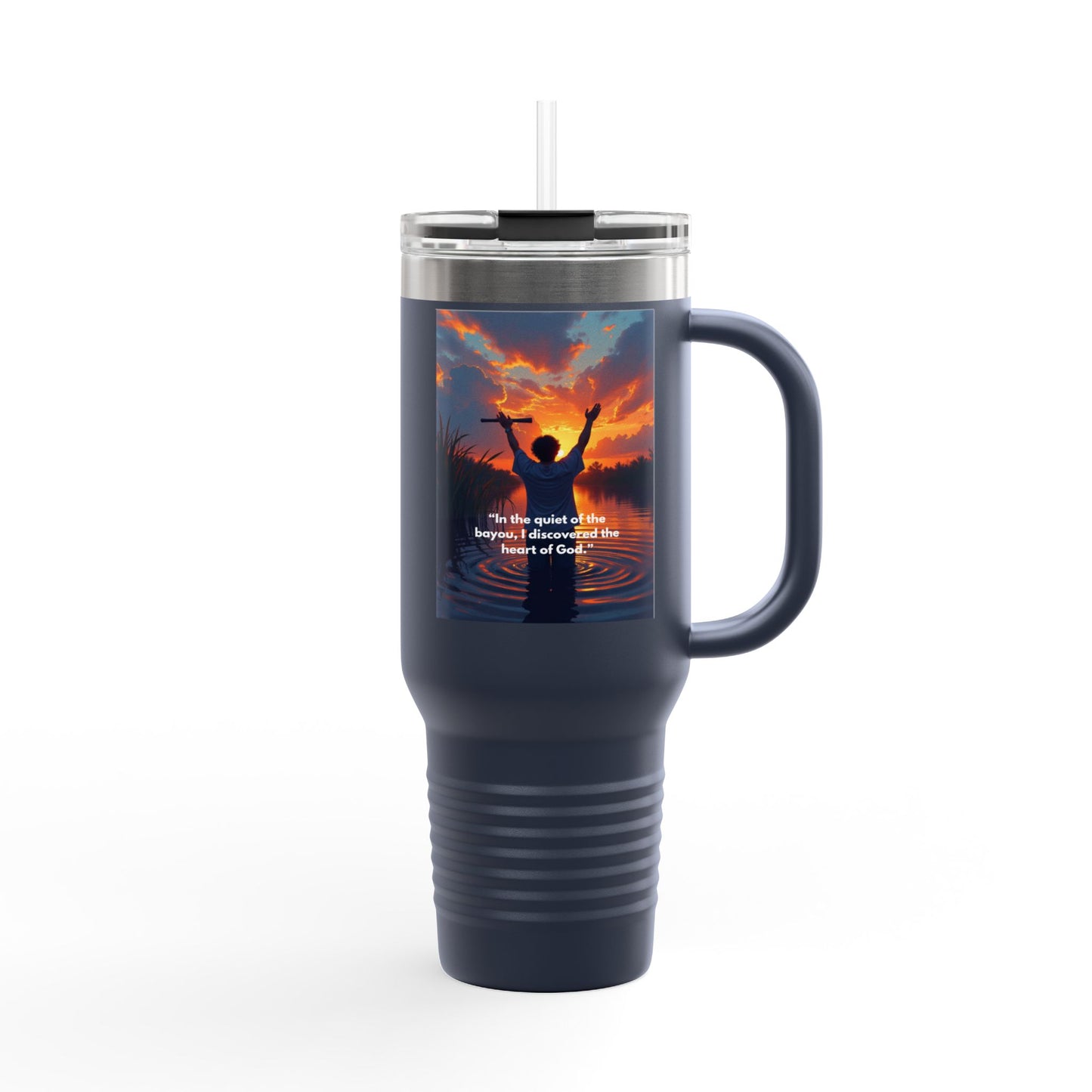 40oz Insulated Travel Mug — Christian Sunrise Design with Scripture Quote