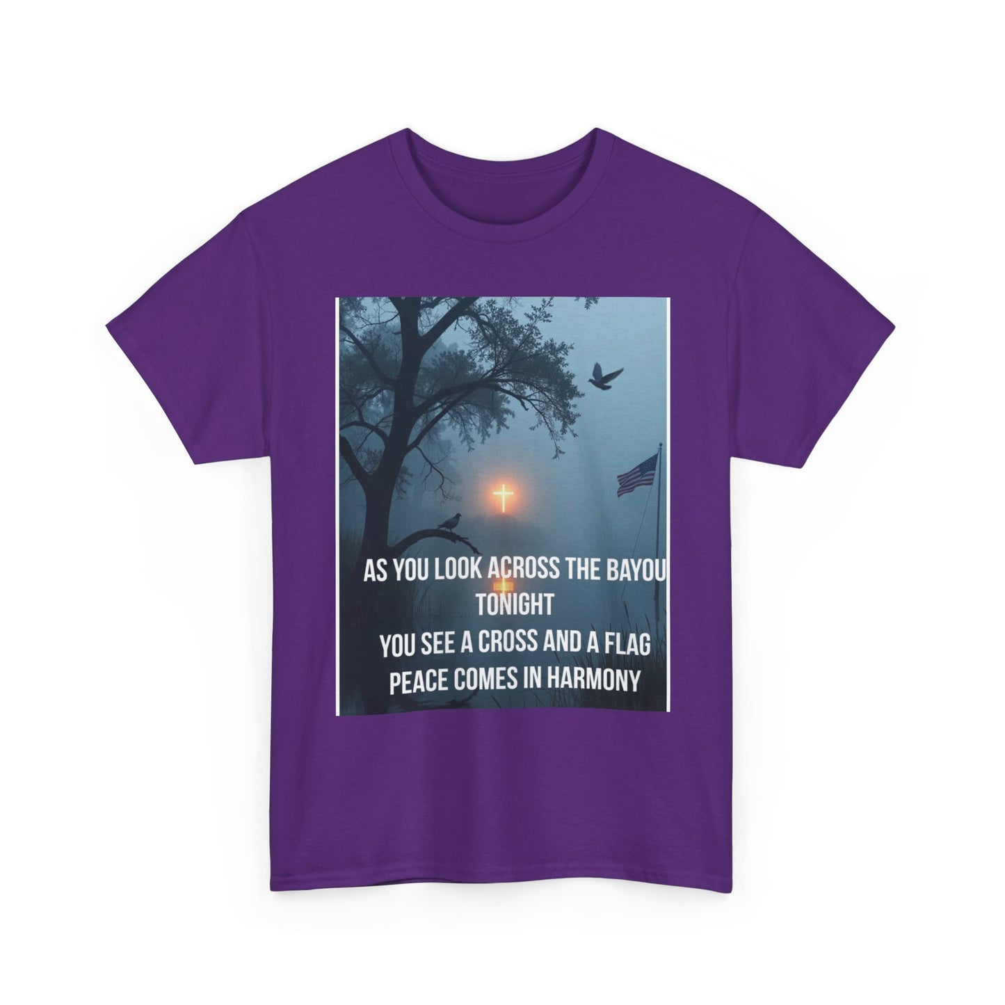 T-Shirt — Bayou Sunset Cross & Flag Graphic Tee ("As You Look Across the Bayou Tonight")