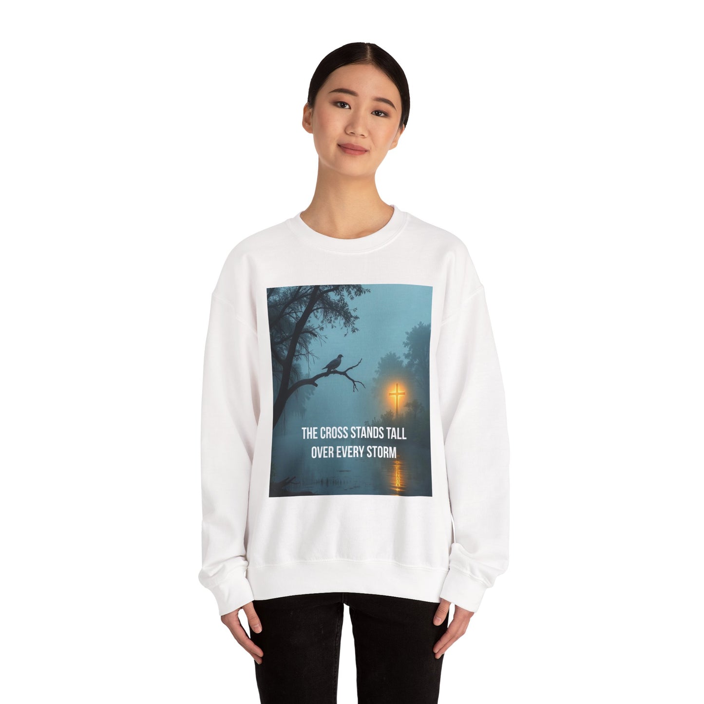 Christian Sweatshirt - "The Cross Stands Tall Over Every Storm" Inspirational Crewneck