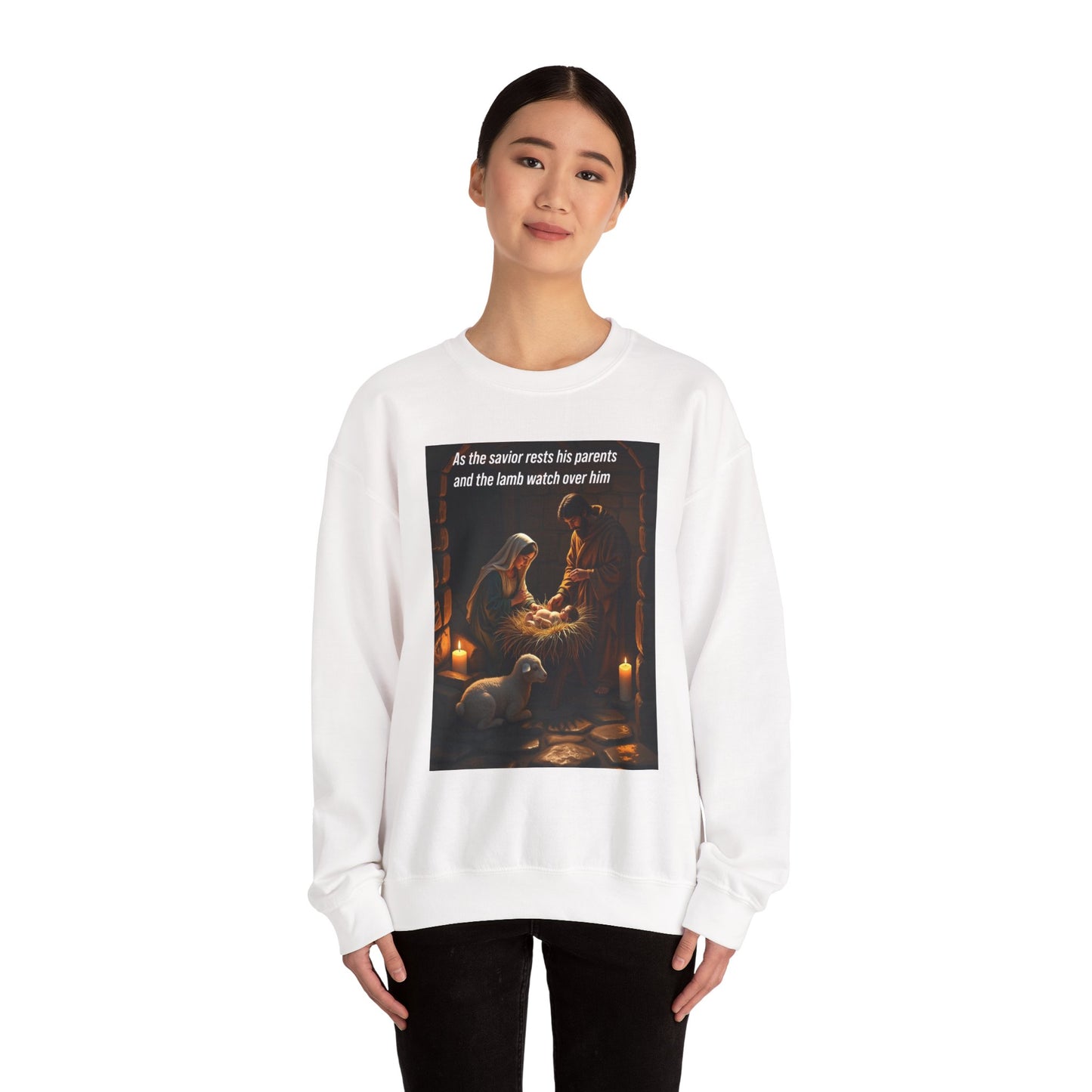 Mary, Joesph and Lamb watching over Jesus