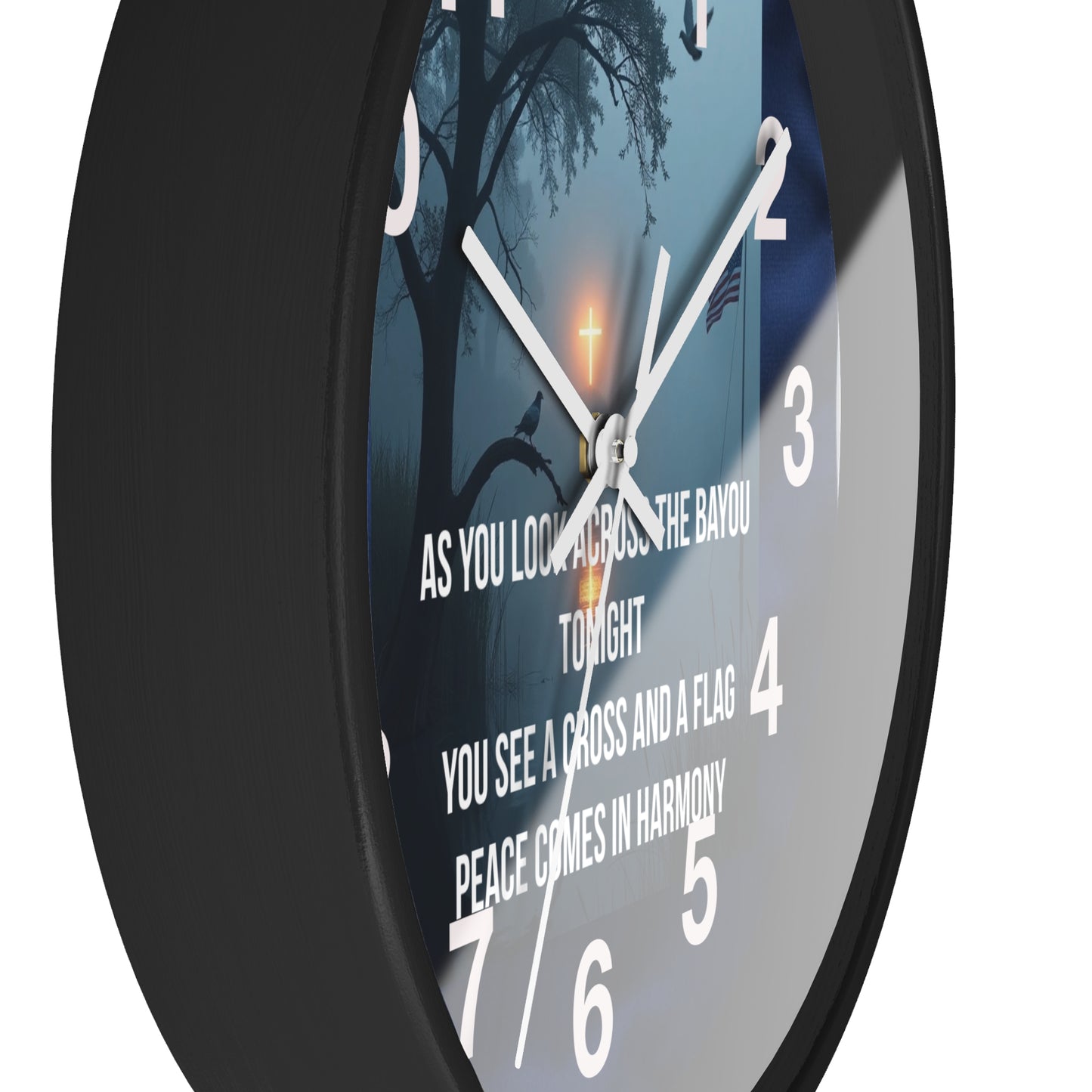 Bayou Cross & Flag Wall Clock — Patriotic Peaceful Scene with Lyrics