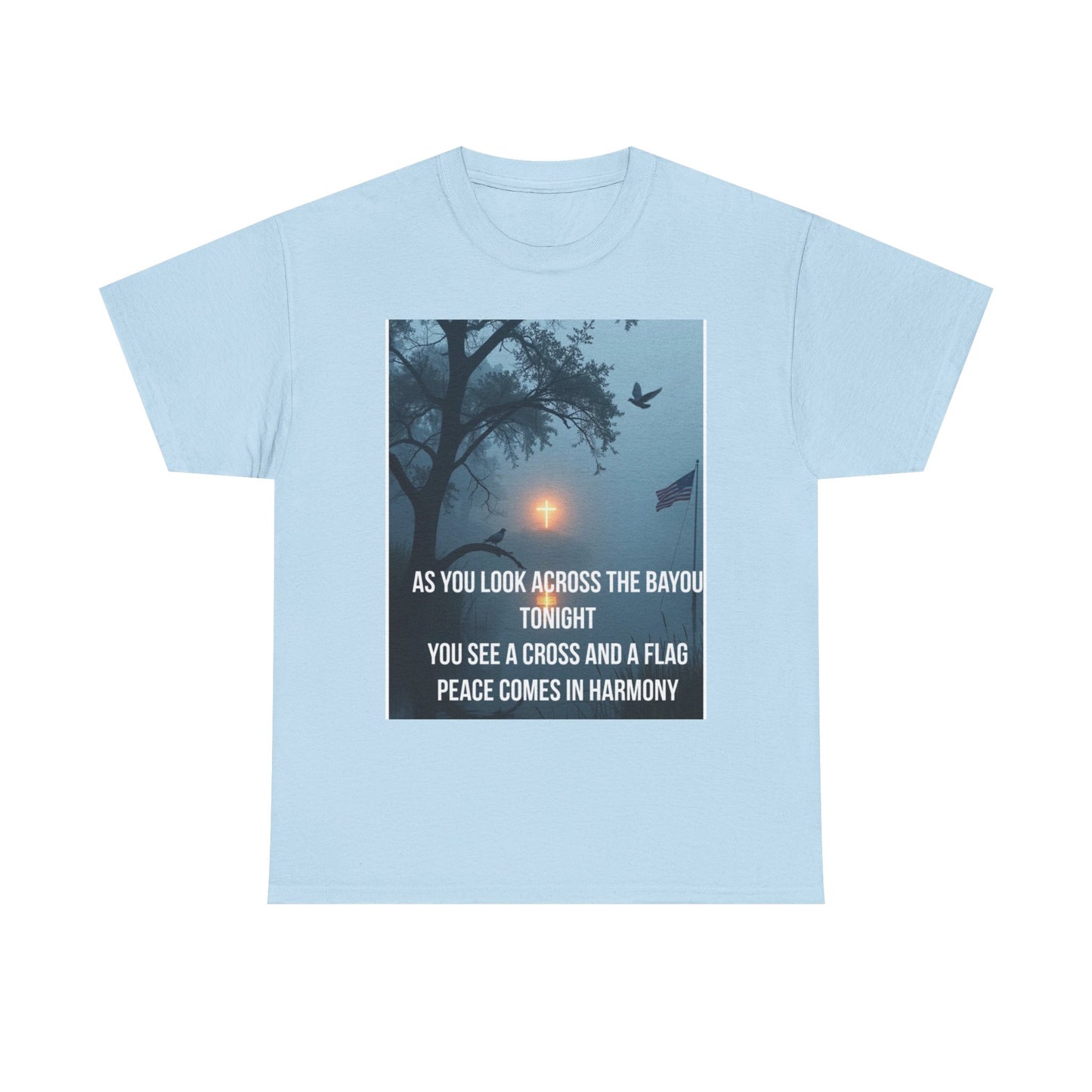 T-Shirt — Bayou Sunset Cross & Flag Graphic Tee ("As You Look Across the Bayou Tonight")
