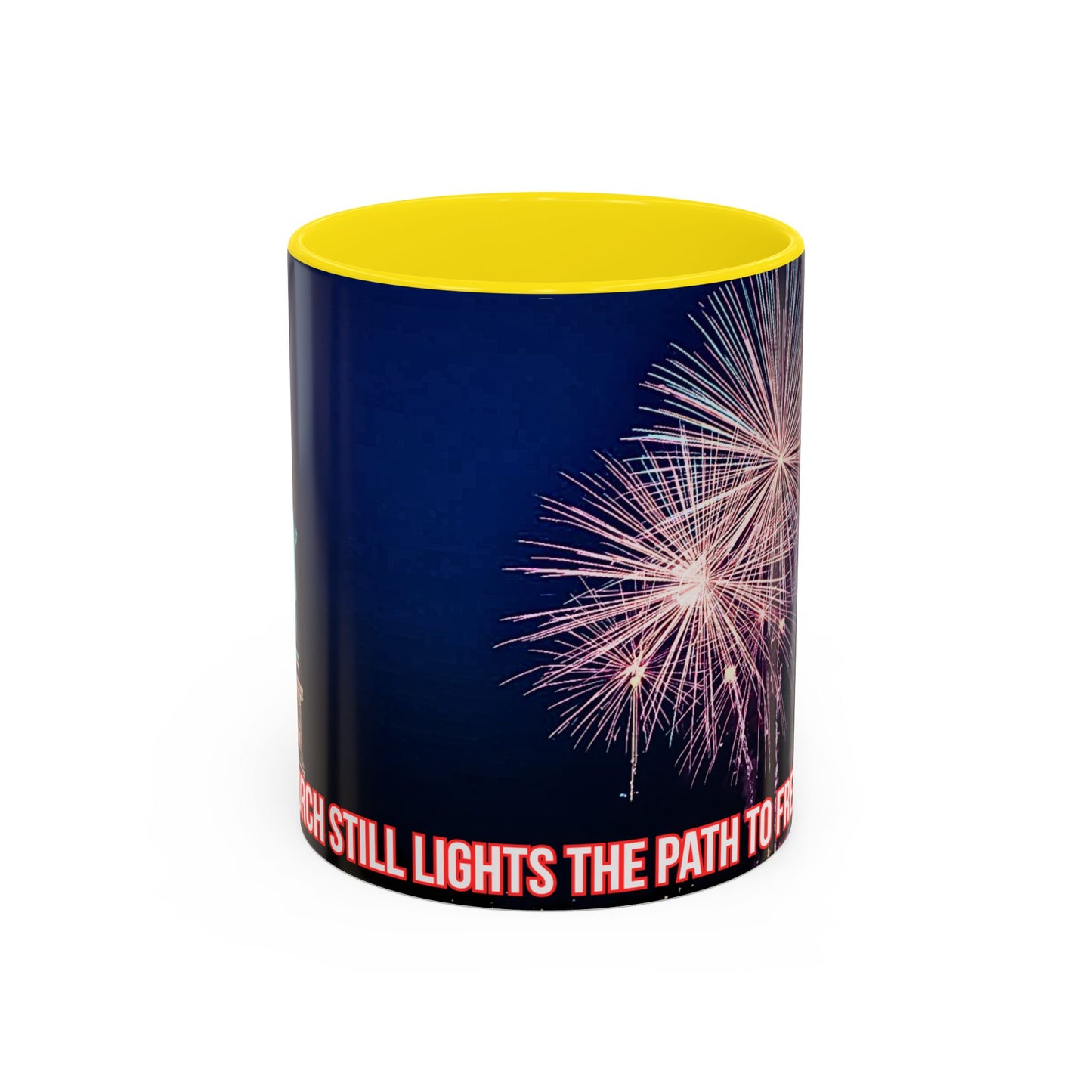 Fireworks Accent Coffee Mug — Inspirational "Lights the Path to Freedom" Design