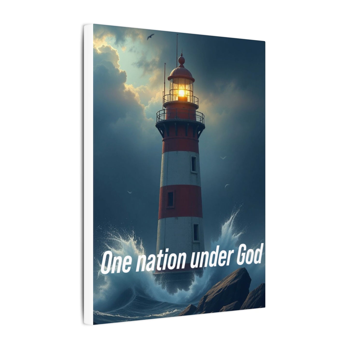 Lighthouse Matte Canvas Wall Art - "One Nation Under God" Patriotic Coastal Print