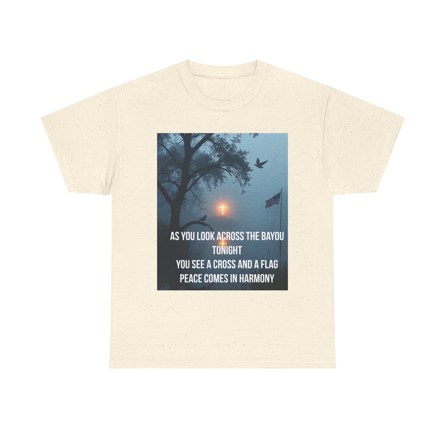 T‑Shirt — Bayou Cross & Flag Scene with Lyrics: “As You Look Across the Bayou Tonight”