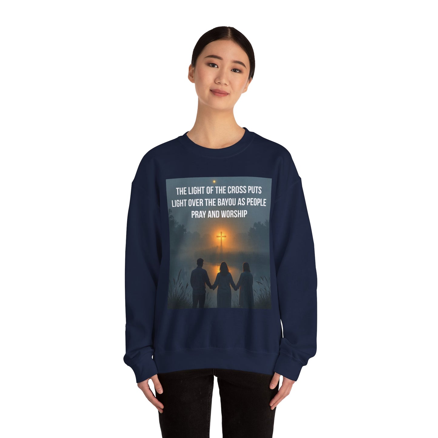 Christian Crewneck Sweatshirt — "The Light of the Cross Puts Light Over the Bayou" Graphic